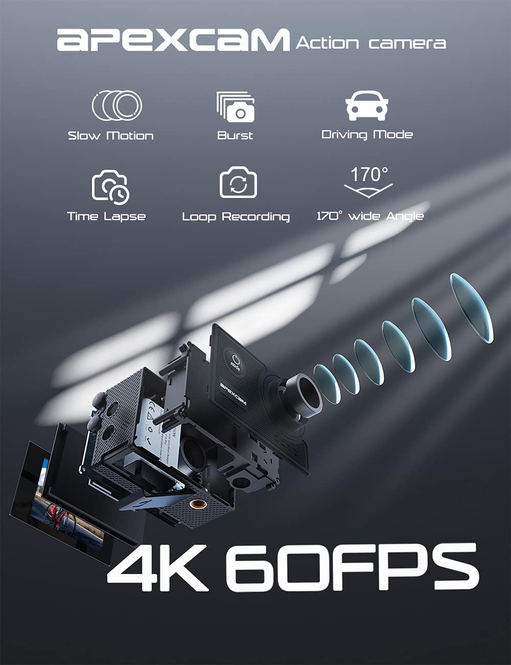 Apexcam 4K 60FPS EIS - Action Camera WiFi 20MP Impermeabile - immagine 2