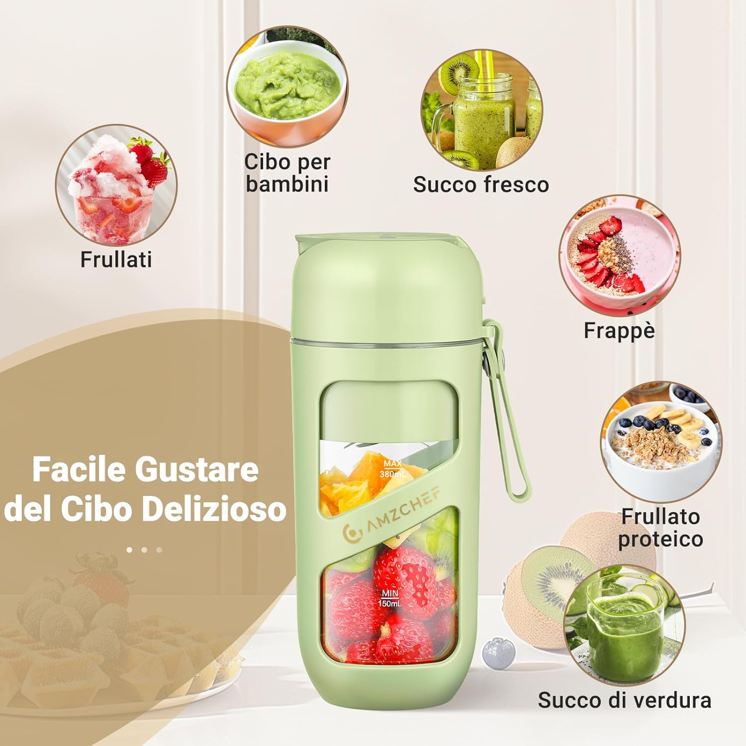 Amzchef Frullatore Portatile Sottovuoto USB Ricaricabile, Erba Verde - immagine 10
