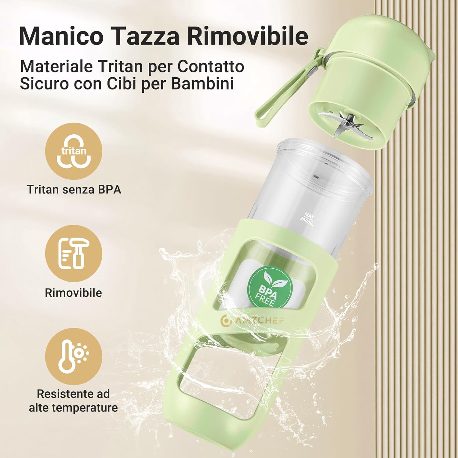 Amzchef Frullatore Portatile Sottovuoto USB Ricaricabile, Erba Verde - immagine 8