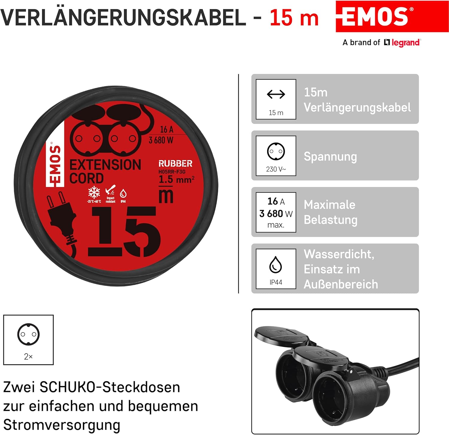 Emos - Prolunga 15m con 2 Prese Schuko, IP44 - immagine 2