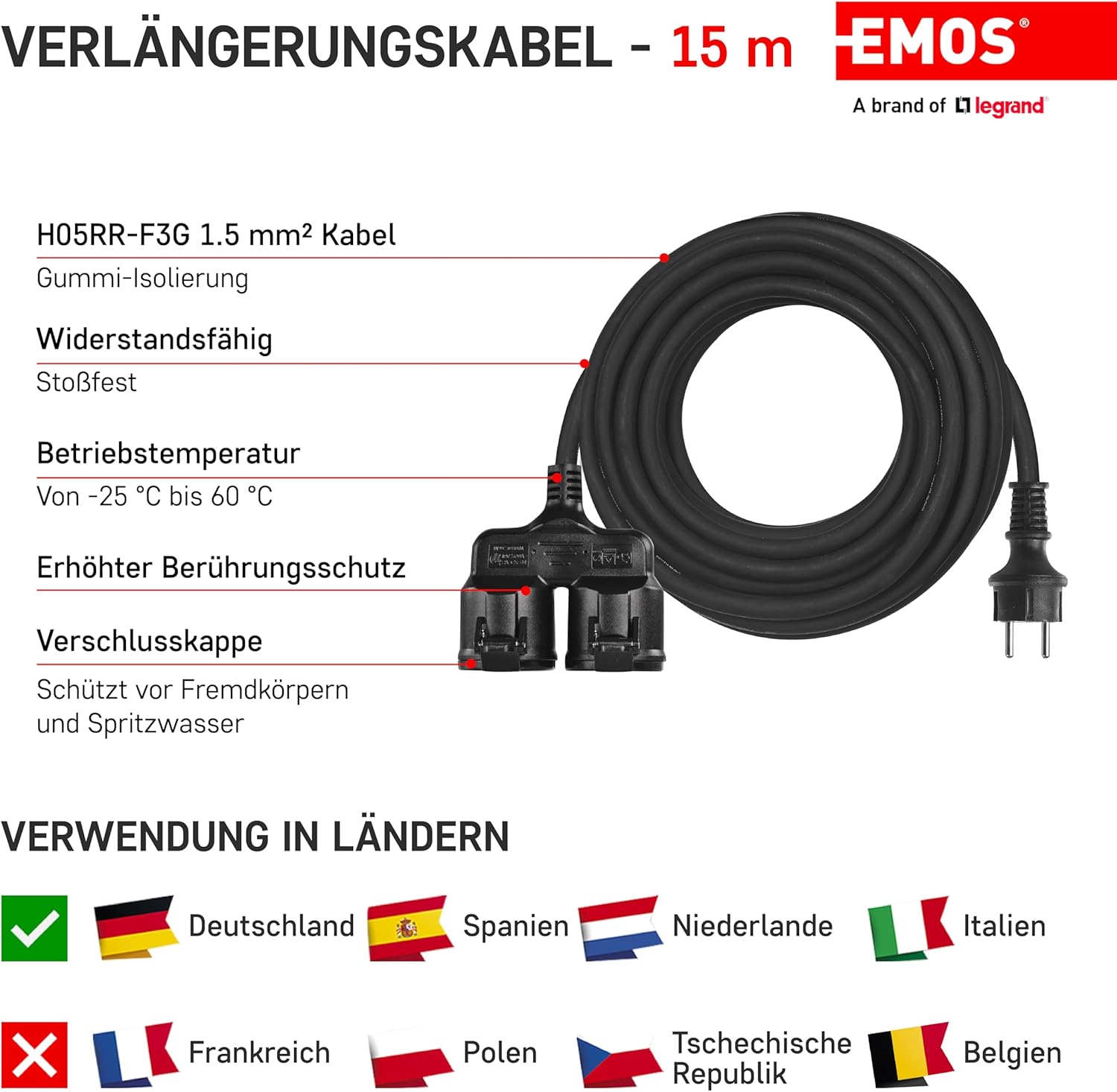 Emos - Prolunga 15m con 2 Prese Schuko, IP44 - immagine 3