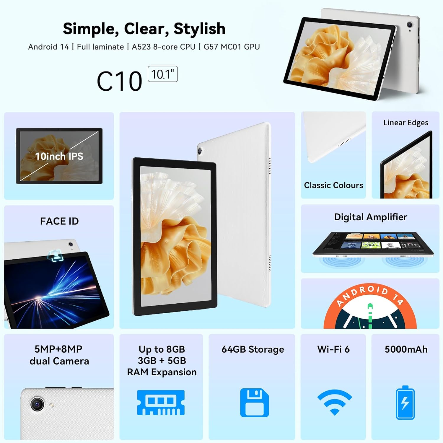 Laptok Tablet 10 pollici Android 14 Octa-Core, Bianco - immagine 2