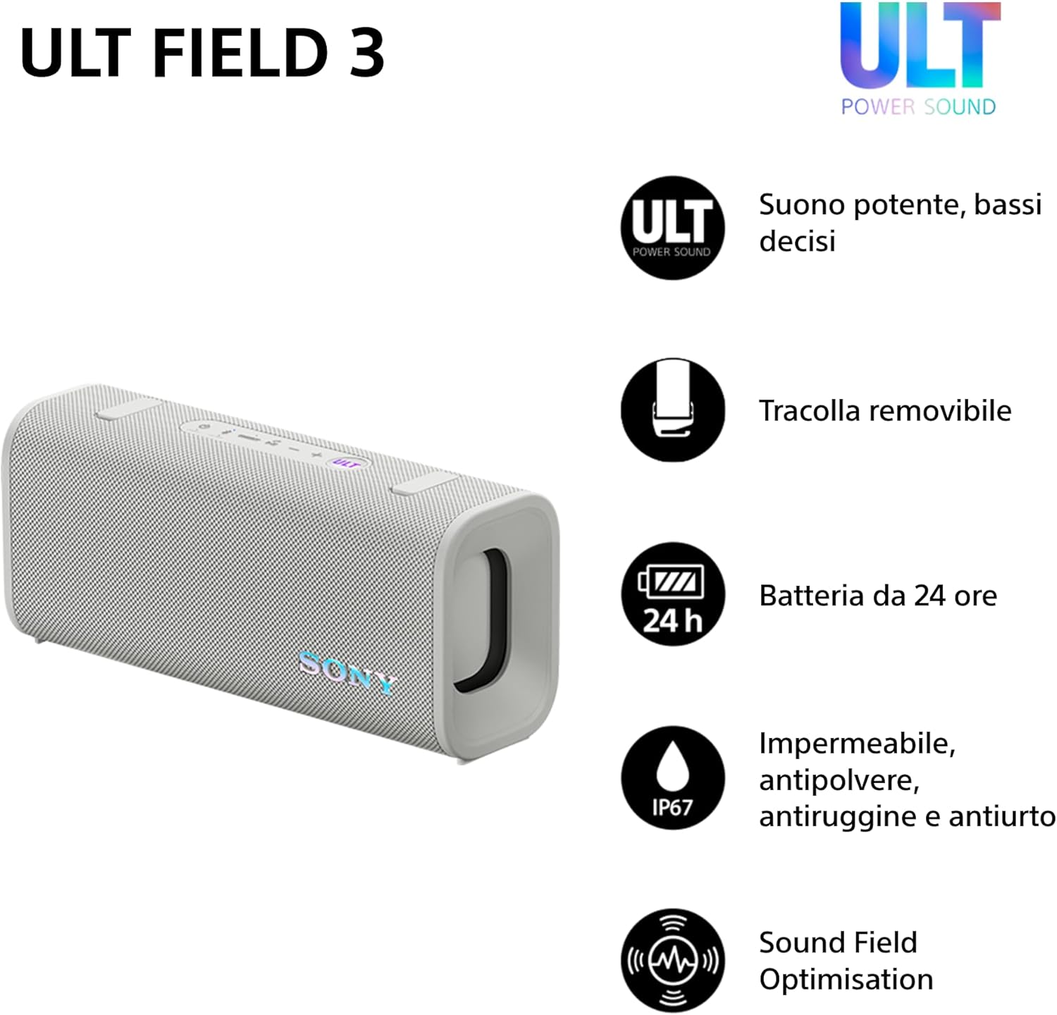 Sony ULT FIELD 3 - Speaker Bluetooth Portatile, Bianco - immagine 2