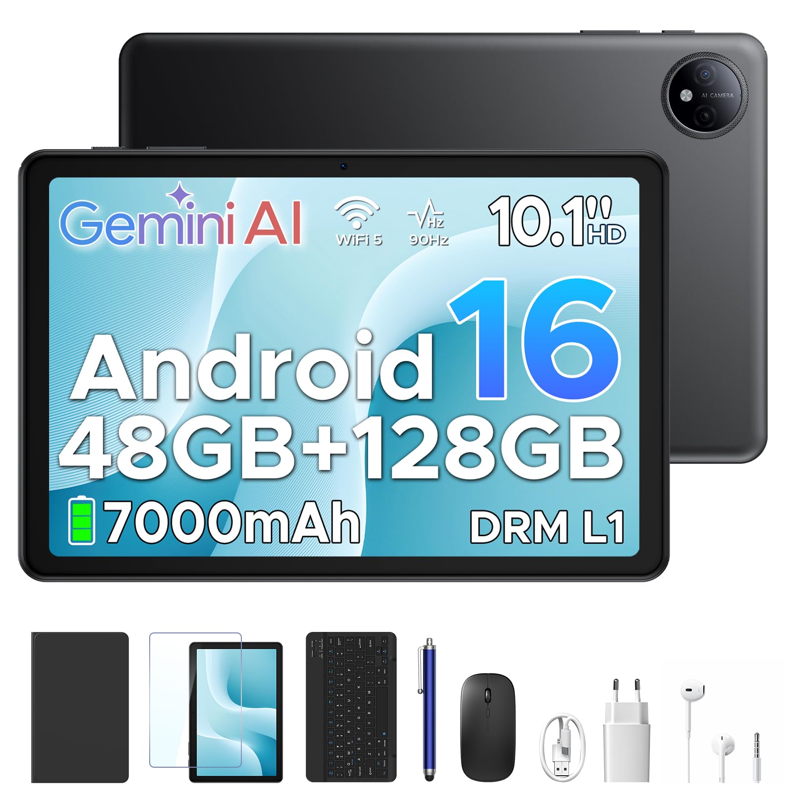 P10 Android 16 Tablet 10 Pollici, 48GB RAM+128GB ROM/2TB TF, Gemini AI, 90Hz, 7000mAh, WiFi 5, Face ID, OTG, Jack 3,5 mm, Widevine L1, Tablet con Tastiera e Penna