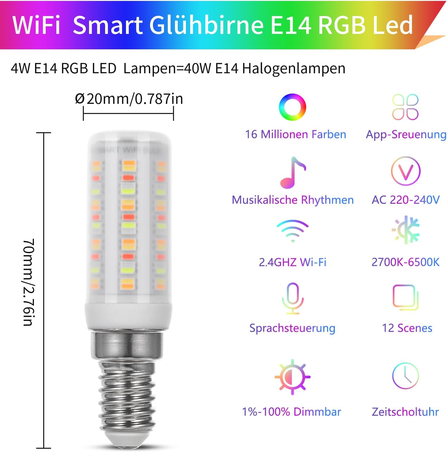 I-shunfa Lampadina LED WI-FI Smart E14 RGB (3 Pezzi) - immagine 2