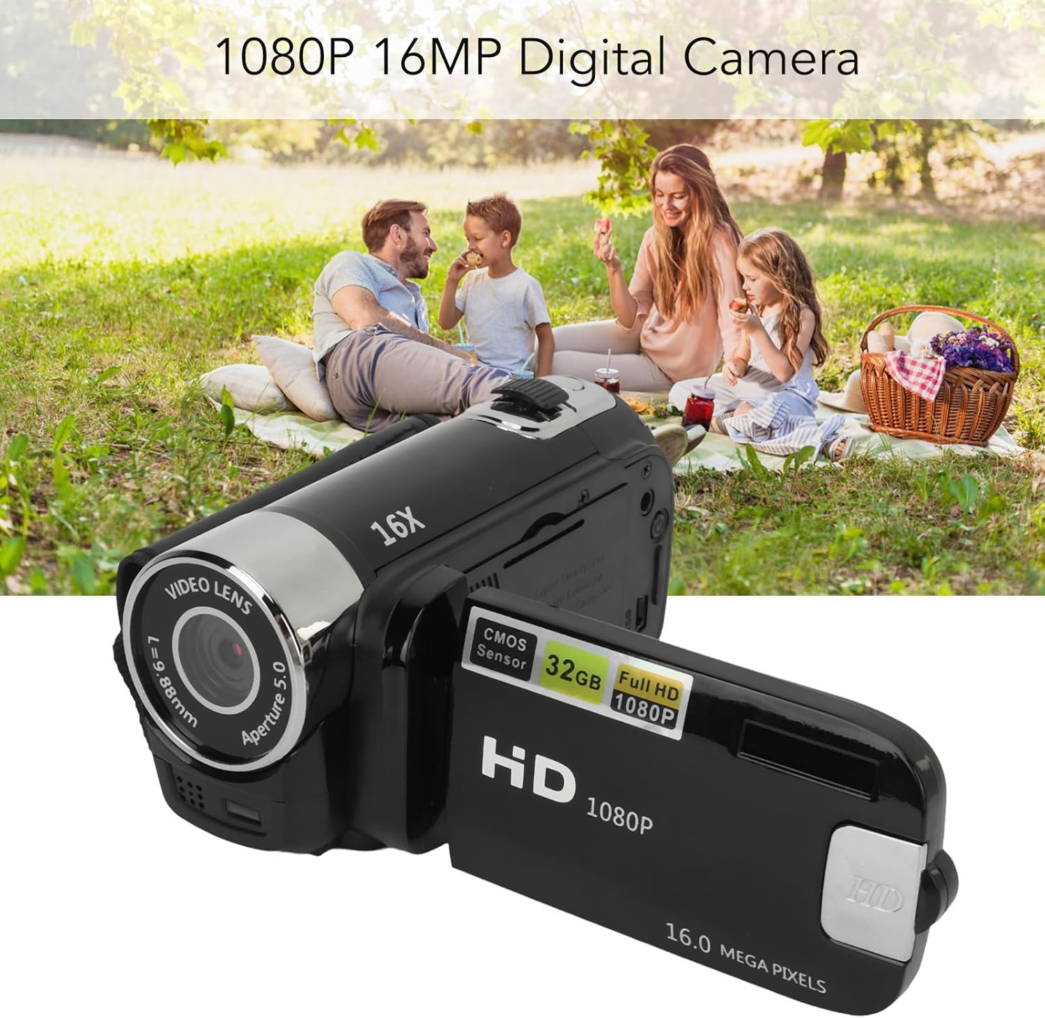 Videocamera Portatile 1080P 16MP 16X Zoom HD, Black - immagine 5