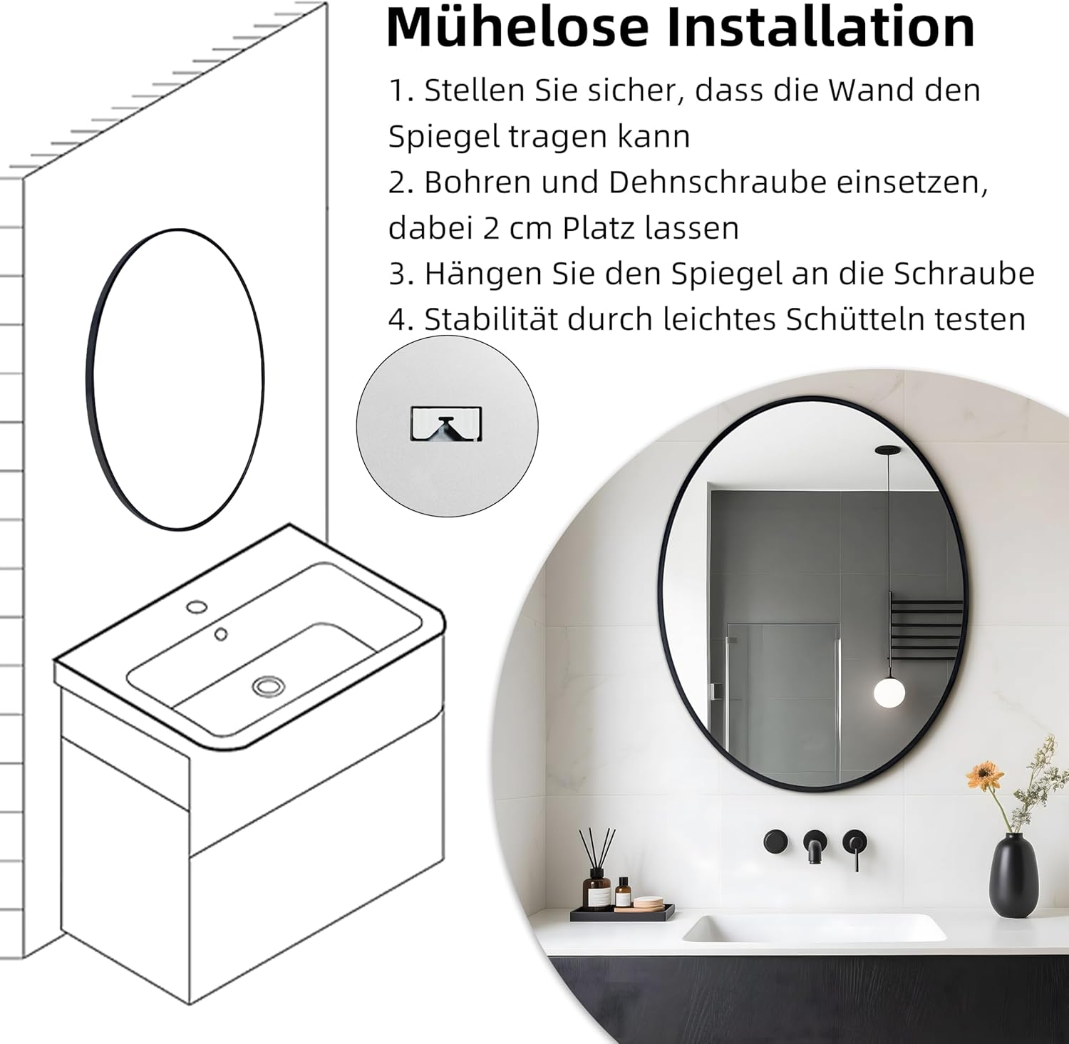 Specchio da Parete Ovale 60x80 cm, Nero - immagine 5