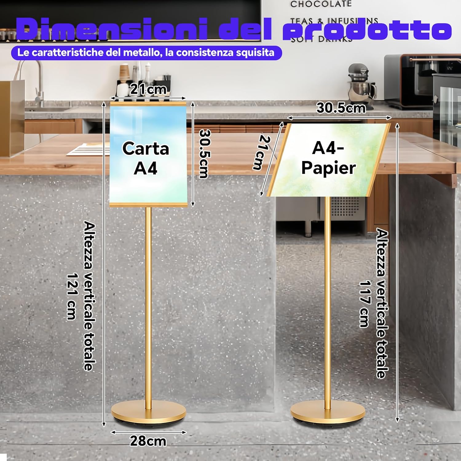 Insegna Verticale A4, Supporto Regolabile, Oro - immagine 2