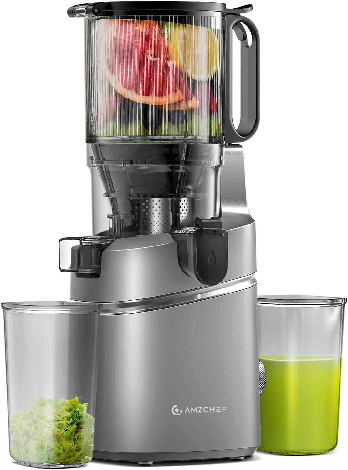 AMZCHEF Extracteur de jus automatique Vos mains libres, Ouverture de 135 mm et capacité de 2L Extracteur de jus de fruits et légumes entiers, Extracteur jus lent de 250W avec triple filtre - Gris - immagine 1