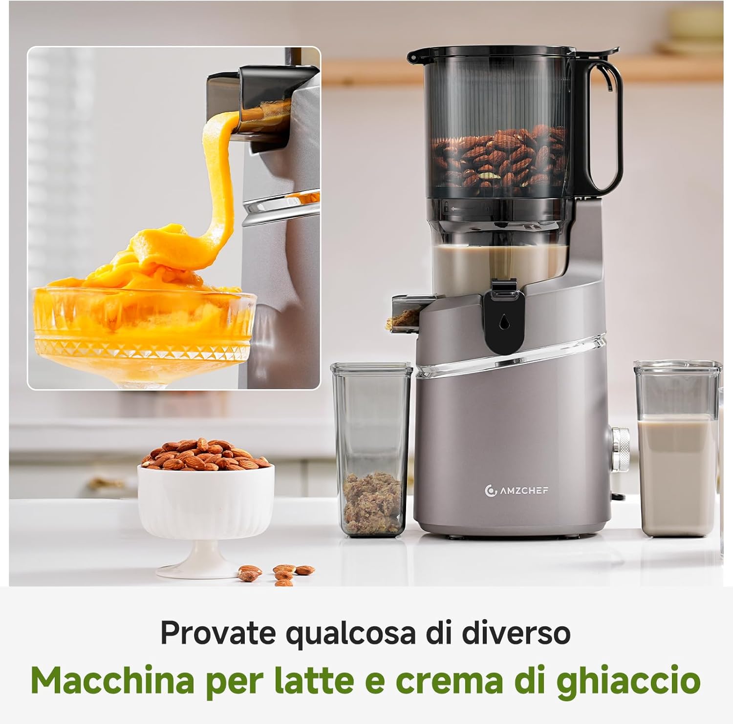 AMZCHEF Extracteur de jus automatique Vos mains libres, Ouverture de 135 mm et capacité de 2L Extracteur de jus de fruits et légumes entiers, Extracteur jus lent de 250W avec triple filtre - Gris - immagine 7