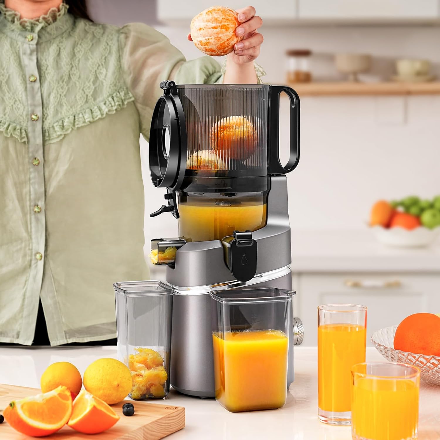AMZCHEF Extracteur de jus automatique Vos mains libres, Ouverture de 135 mm et capacité de 2L Extracteur de jus de fruits et légumes entiers, Extracteur jus lent de 250W avec triple filtre - Gris - immagine 8