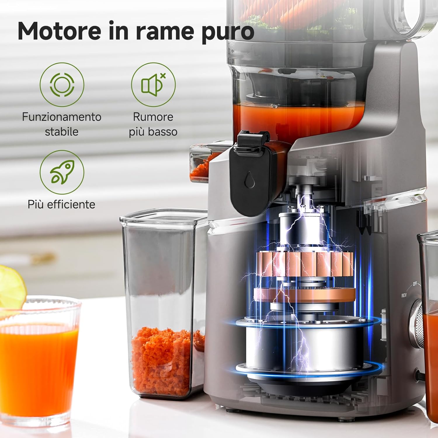 AMZCHEF Extracteur de jus automatique Vos mains libres, Ouverture de 135 mm et capacité de 2L Extracteur de jus de fruits et légumes entiers, Extracteur jus lent de 250W avec triple filtre - Gris - immagine 9
