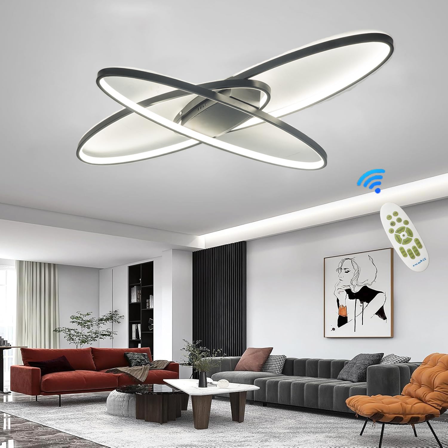 Mqw Lampadario LED Ovale Dimmerabile 95cm, Nero
