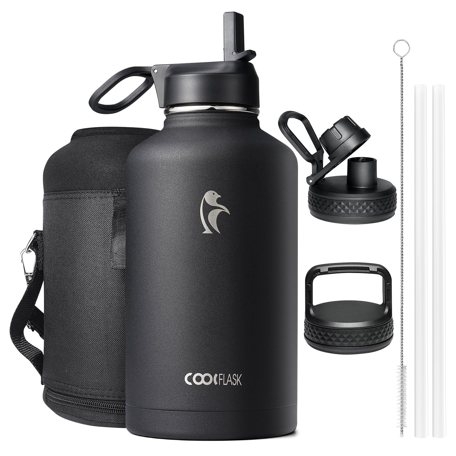 Coolflask Bottiglia d'Acqua Isolata 2L con Cannuccia, Nero