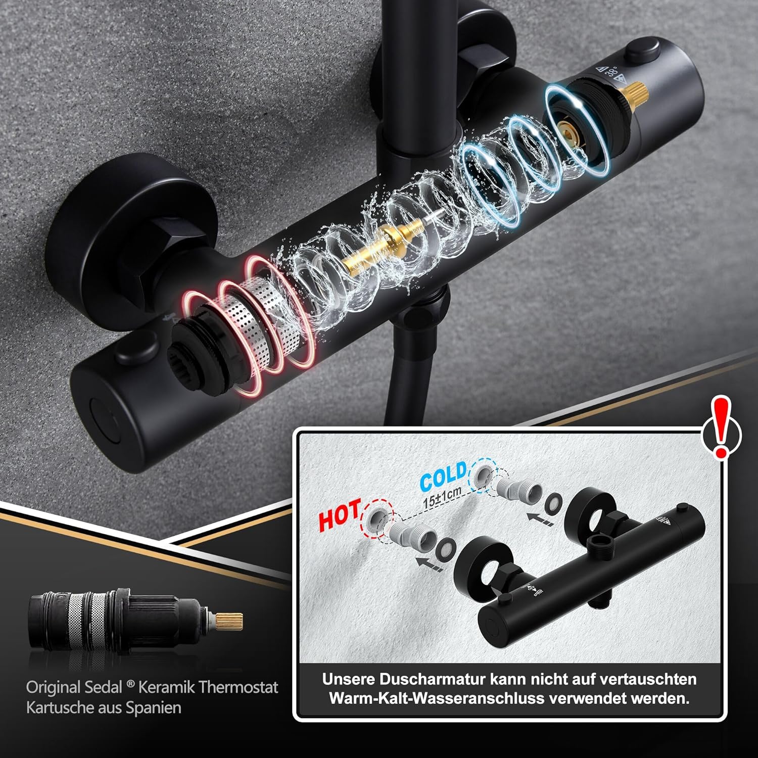 Joho Colonna Doccia con Miscelatore Termostatico, Nero - immagine 3