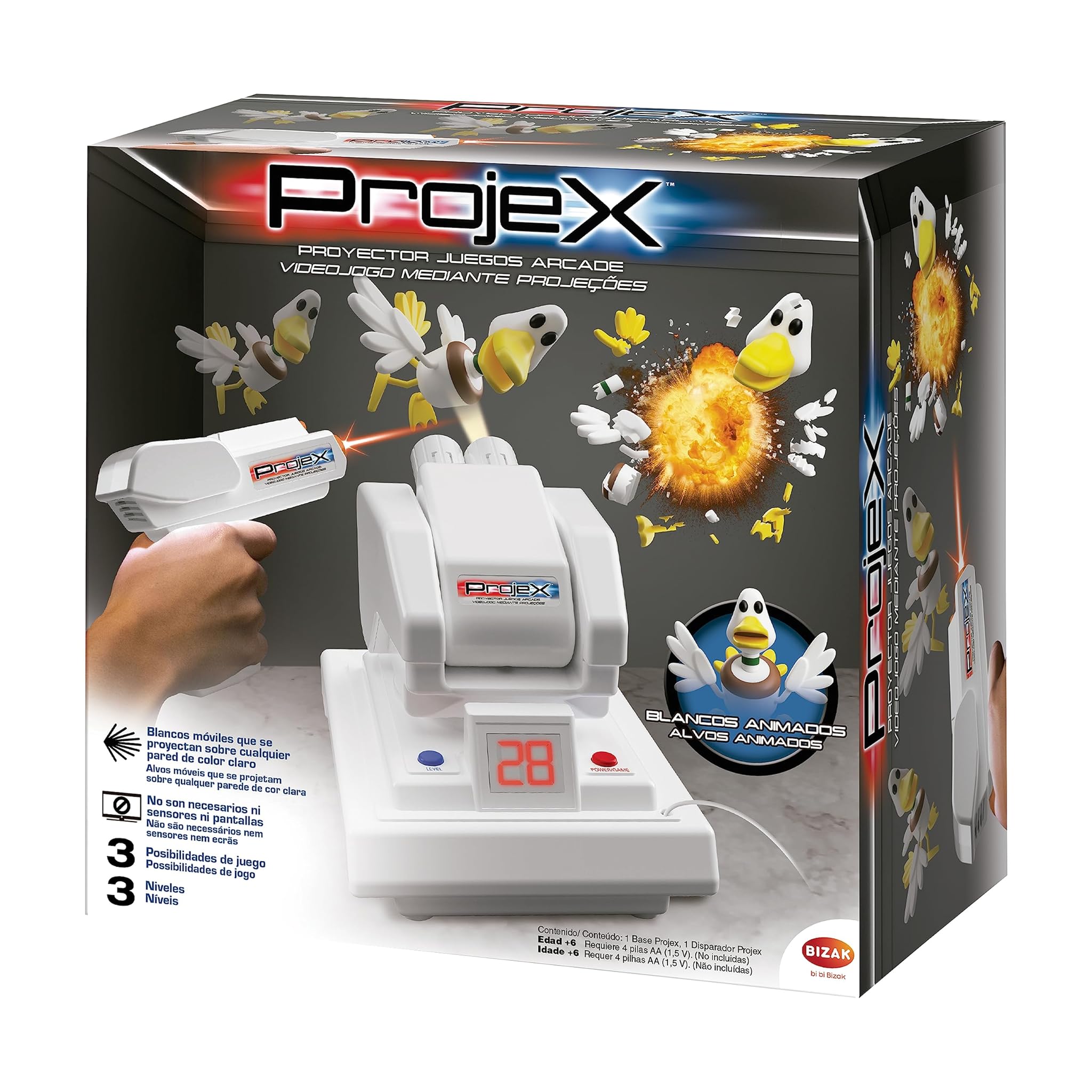 Bizak Projex set 1 pistola per proiettare e sparare, 3 livelli di difficoltà, modalità 1 giocatore o multi giocatore, gioco per ragazzi e ragazze oltre 6 anni (Bizak 62942718)