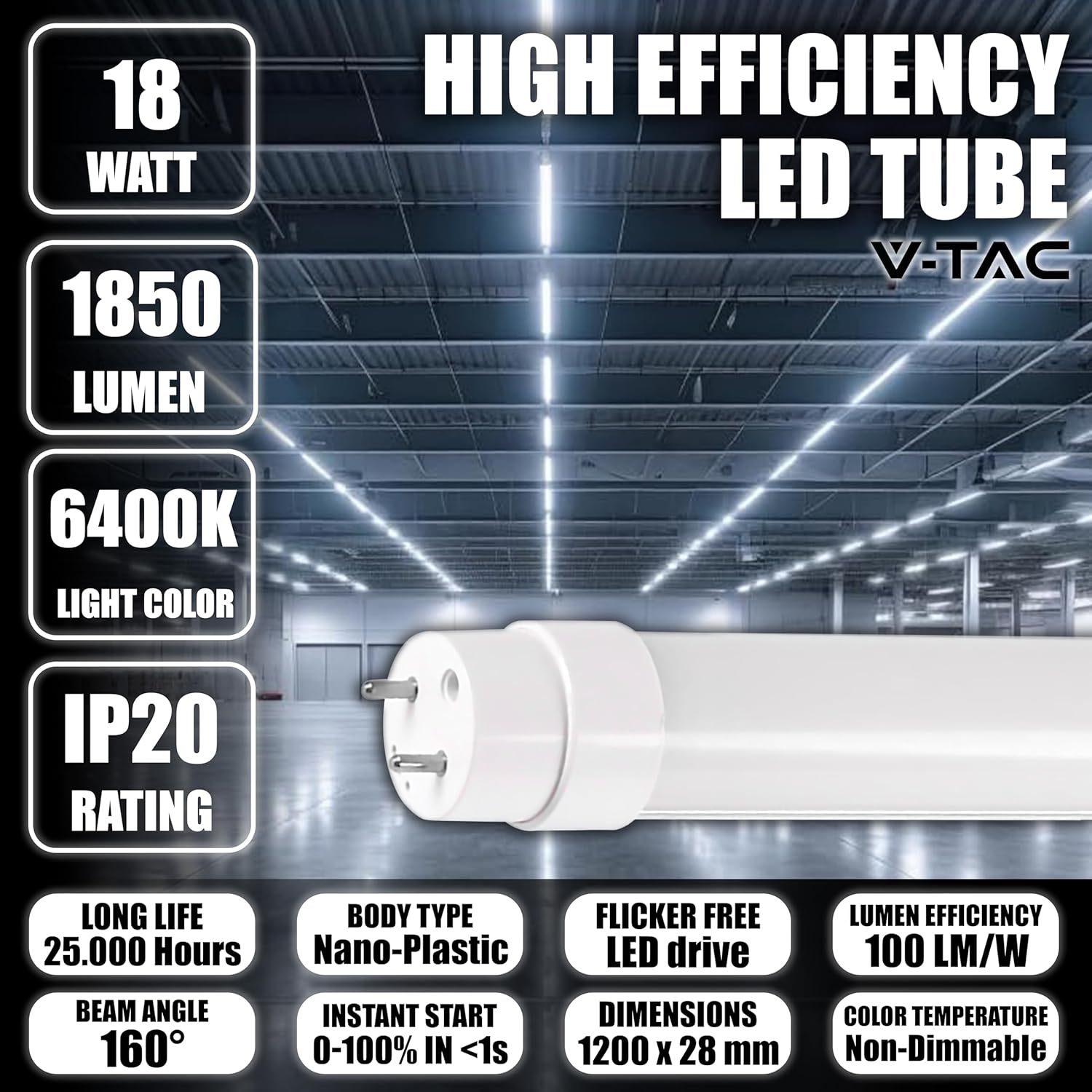 V-tac 25 Tubi LED 120 CM G13 18W 6500K - immagine 4