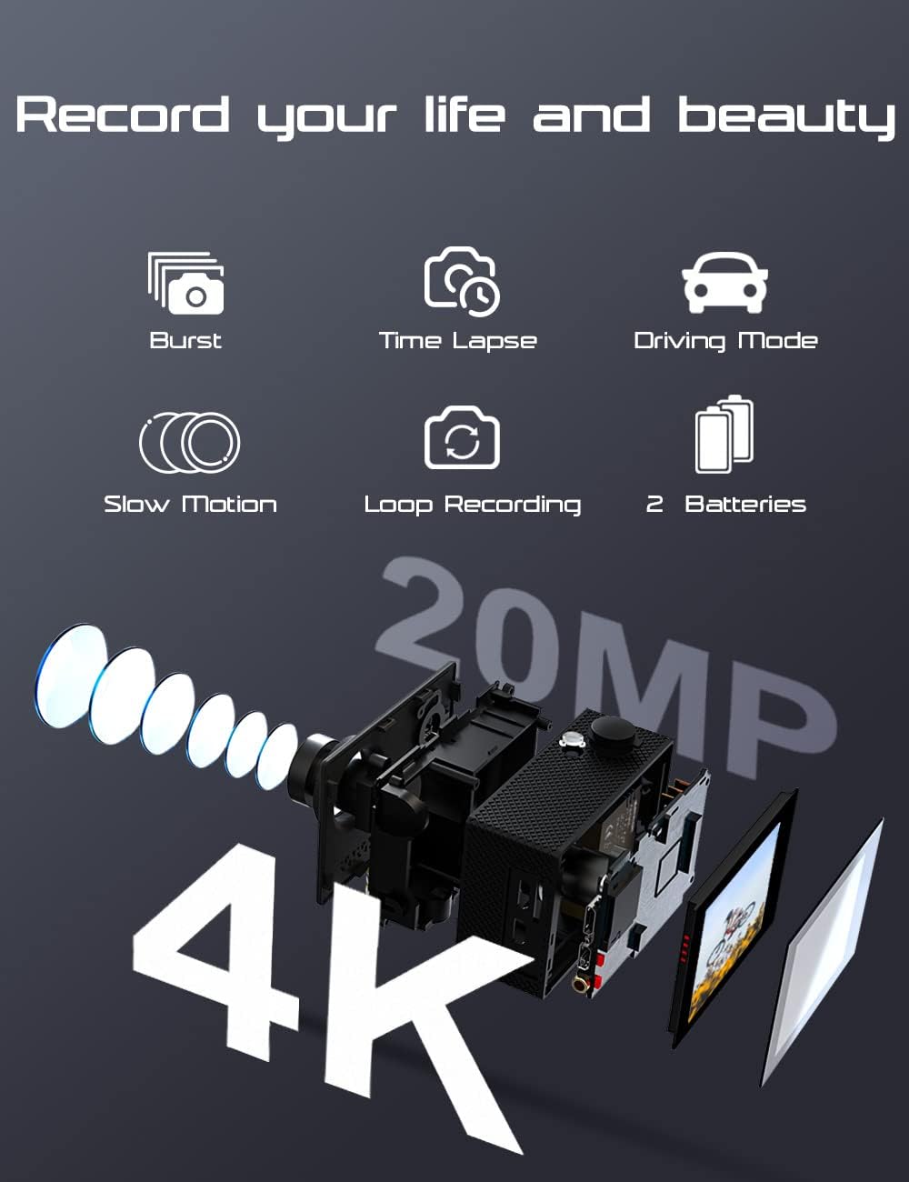 Apexcam 4K WiFi 20MP Action Cam Impermeabile 40M - immagine 2