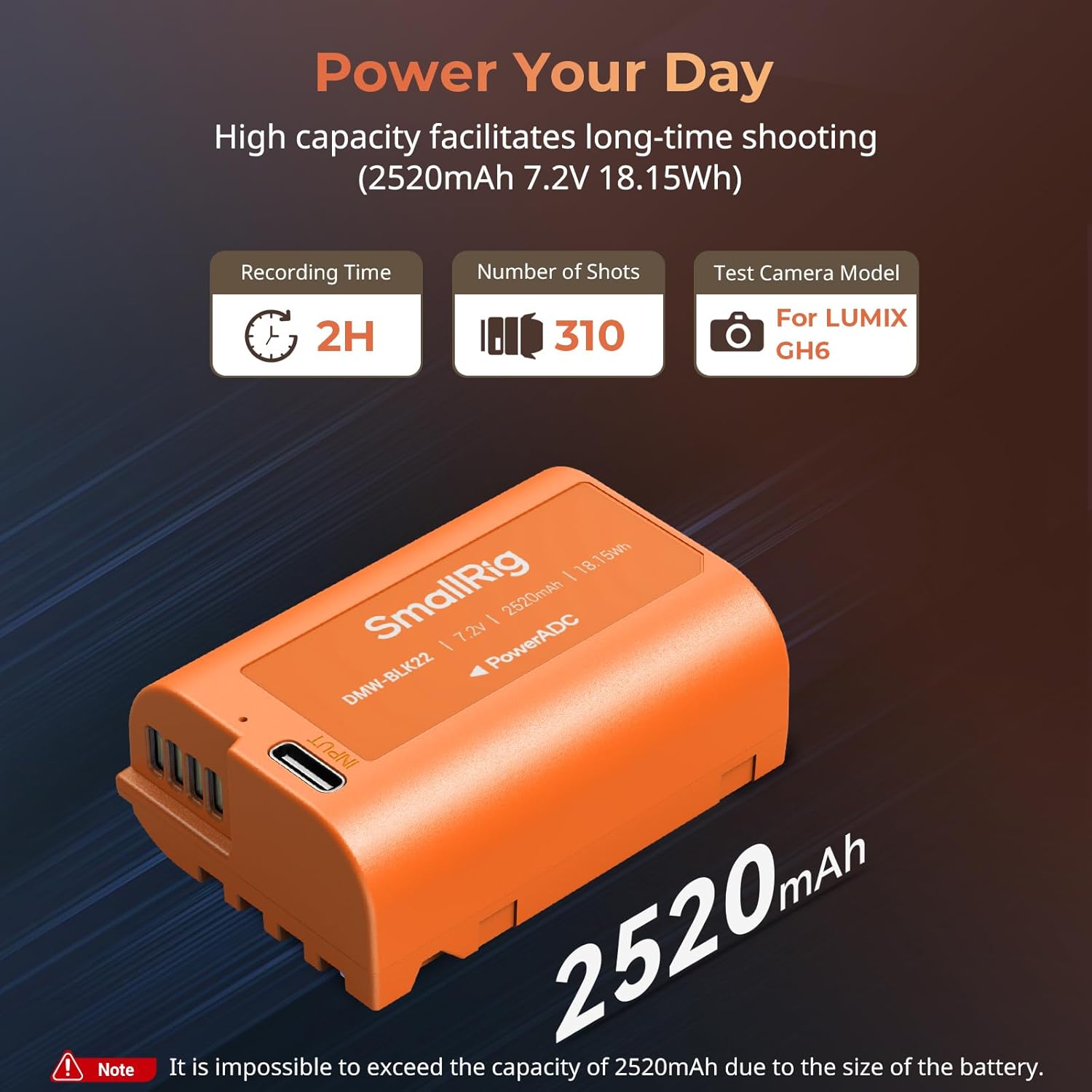 Smallrig DMW-BLK22 Batteria 2520mAh USB-C, Arancione - immagine 2