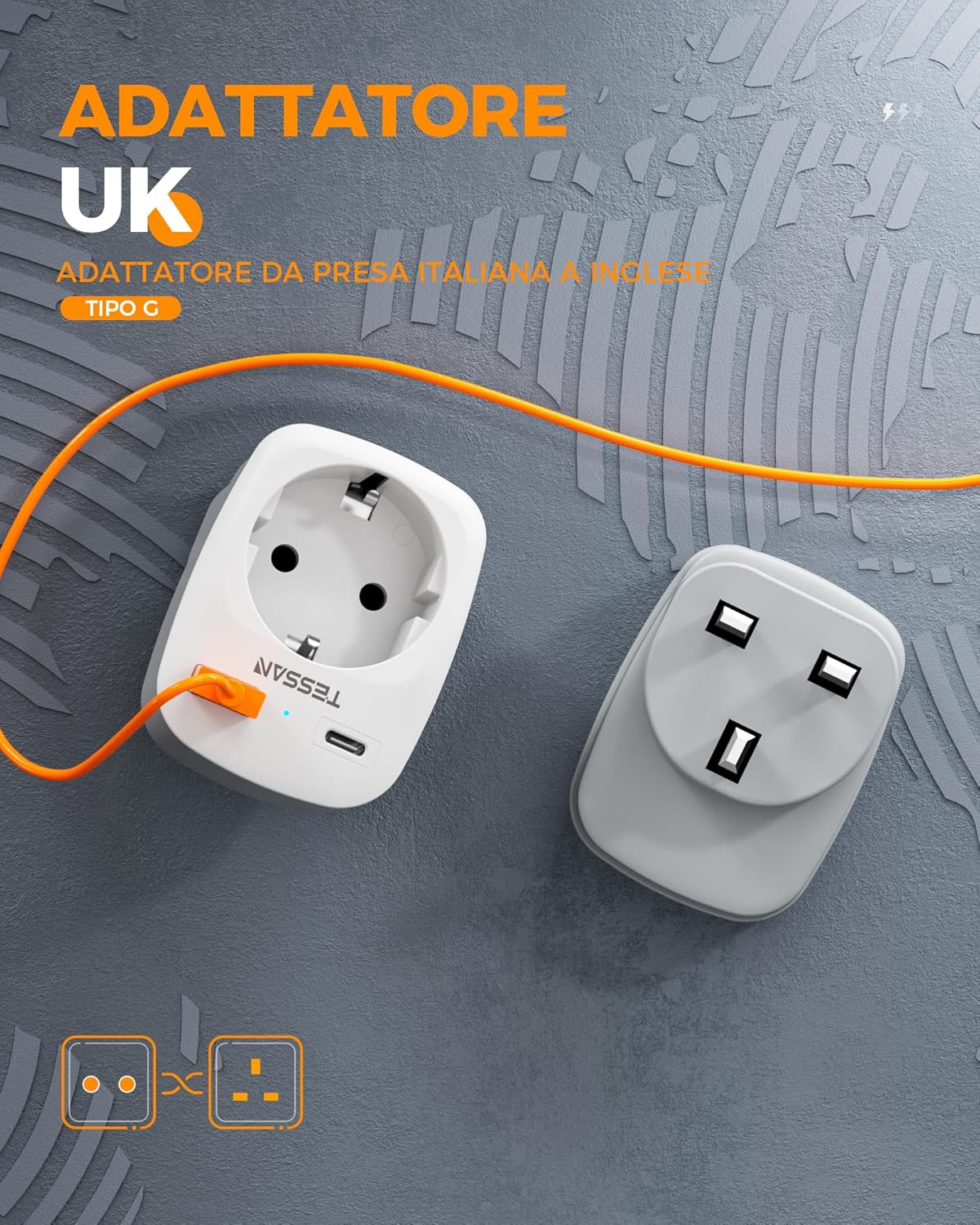 Tessan Adattatore Presa Inglese 3 in 1 con 2 USB - immagine 2