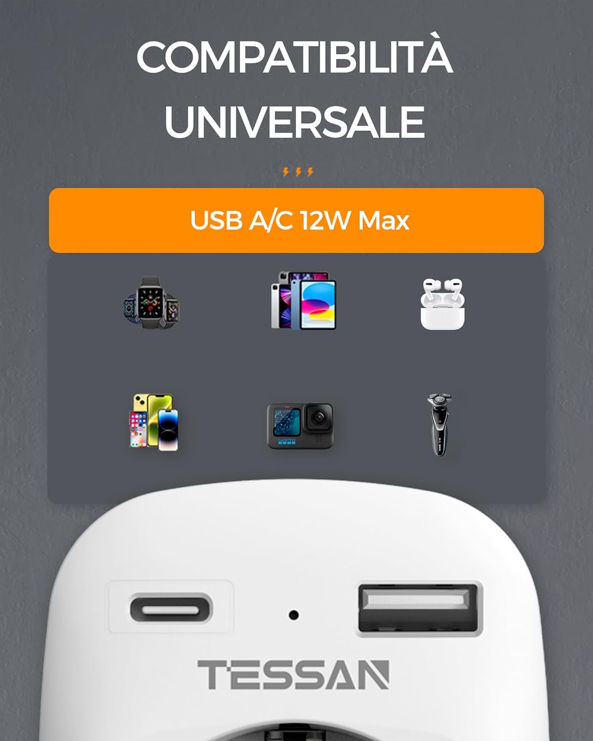 Tessan Adattatore Presa Inglese 3 in 1 con 2 USB - immagine 4