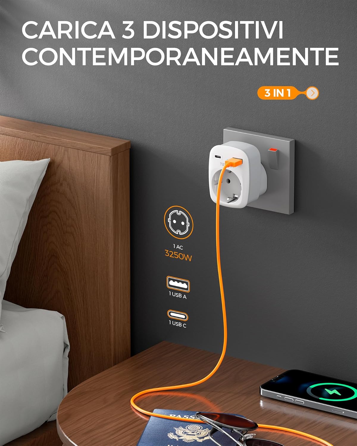 Tessan Adattatore Presa Inglese 3 in 1 con 2 USB - immagine 5