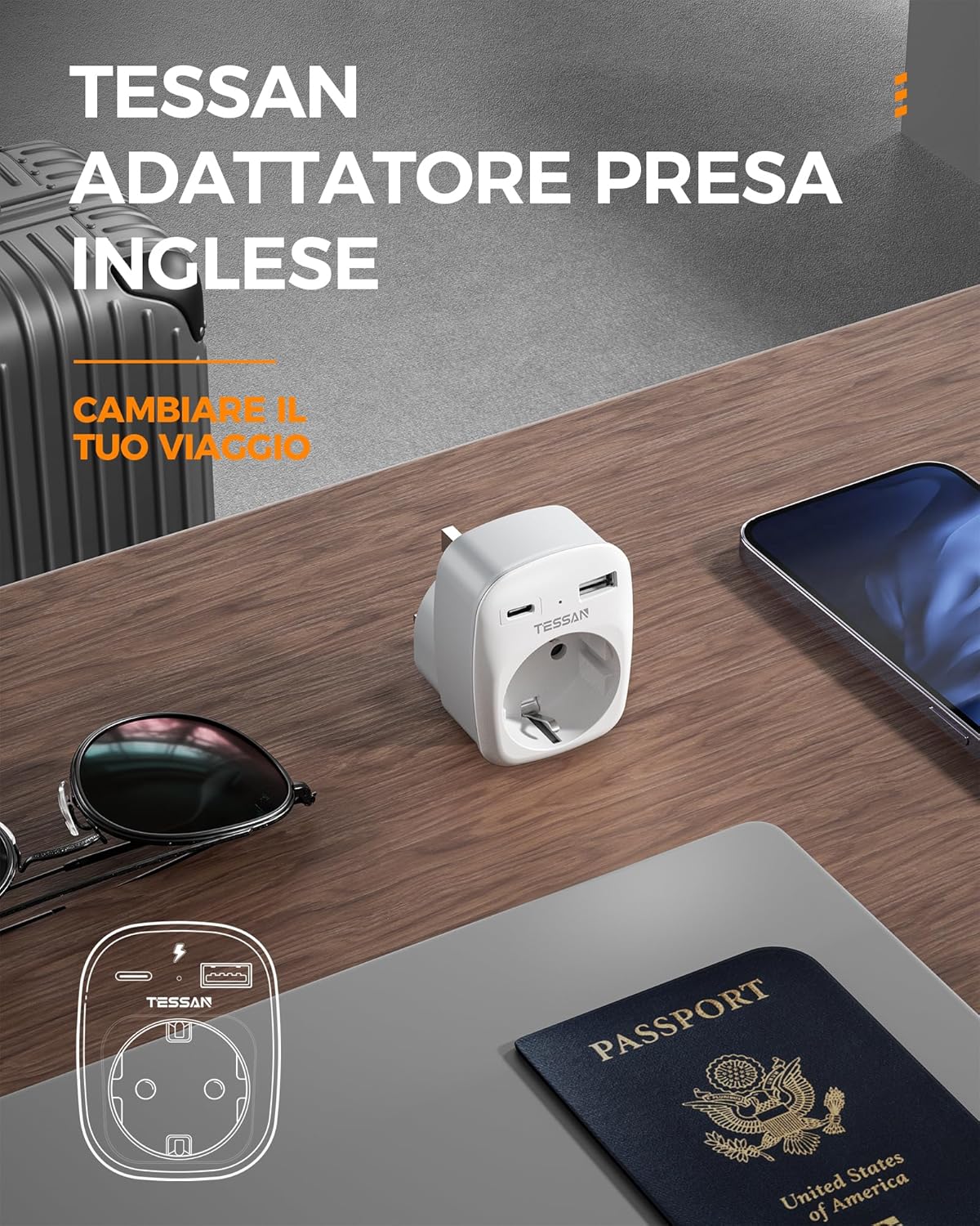 Tessan Adattatore Presa Inglese 3 in 1 con 2 USB - immagine 7
