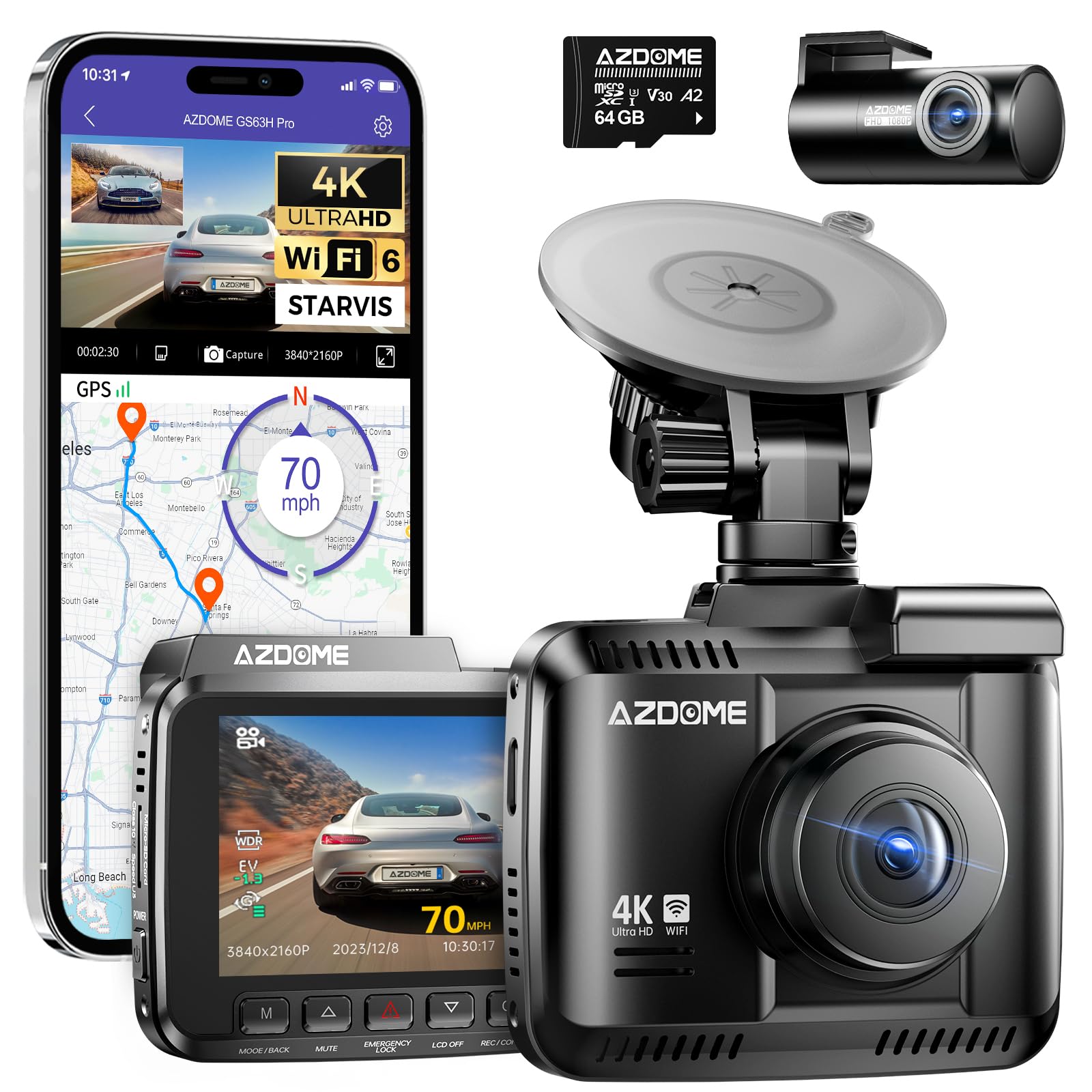 Azdome Dash Cam Auto Doppia 4K+1080P con SD 64G