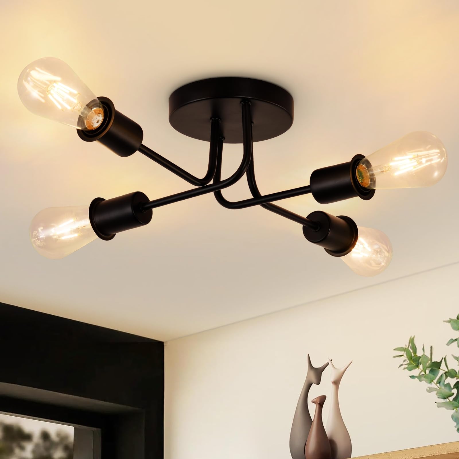 Cbjktx Lampada da Soffitto Vintage Nera E27 4 Fiamme