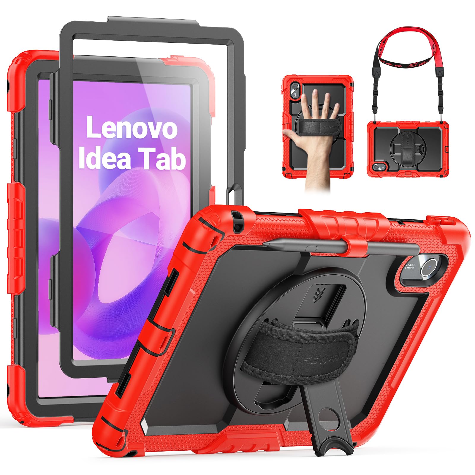SEYMAC Custodia per Lenovo Idea Tab 11 pollici 2025/Tab M11/Xiaoxin Pad/Tab K11 Gen 2 (TB336/TB330/TB331/TB335), con Pellicola Protettiva, Supporto Girevole a 360°, Tracolla, Portapenne, Rosso