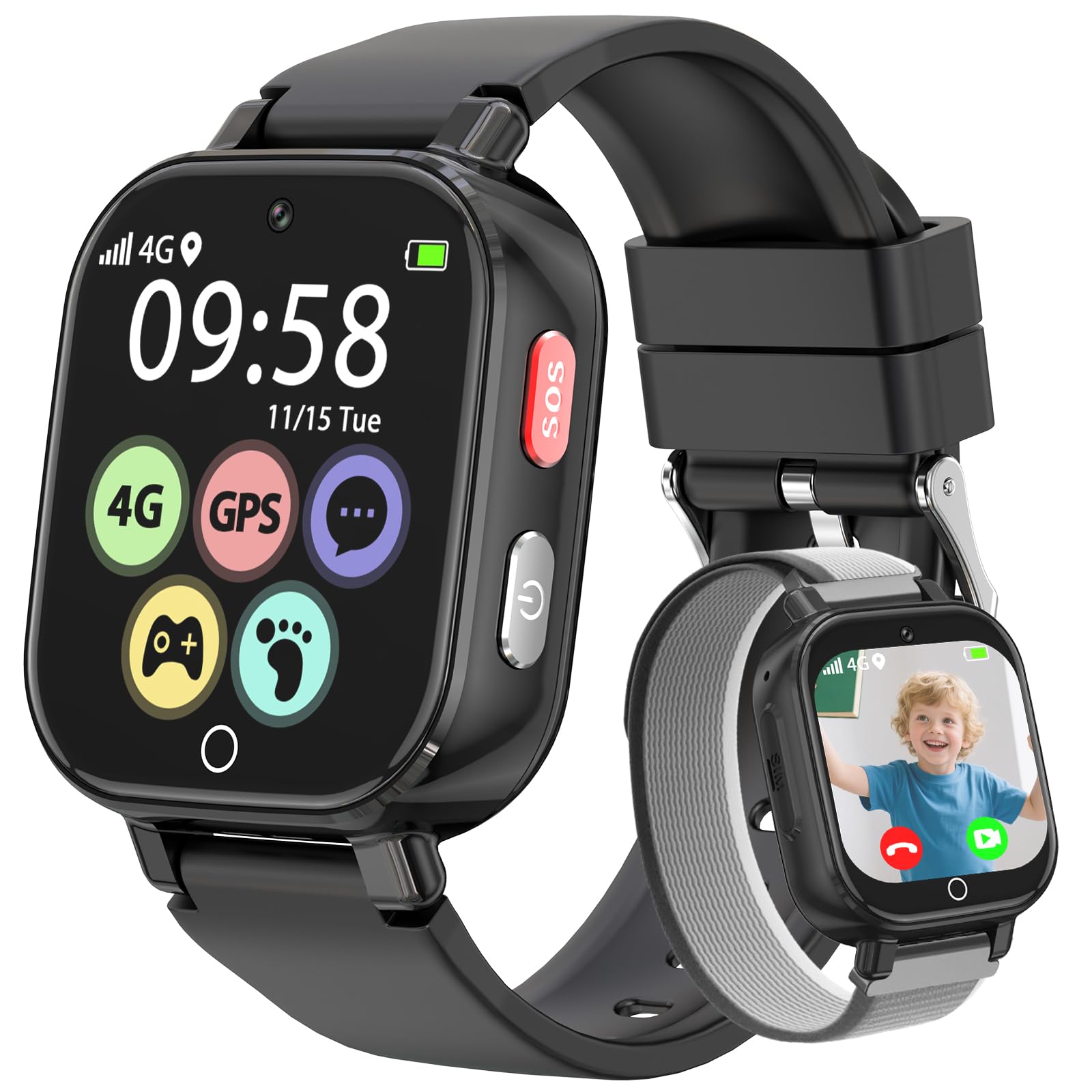 Smartwatch Bambini 4G GPS - Telefono Videochiamata, Nero