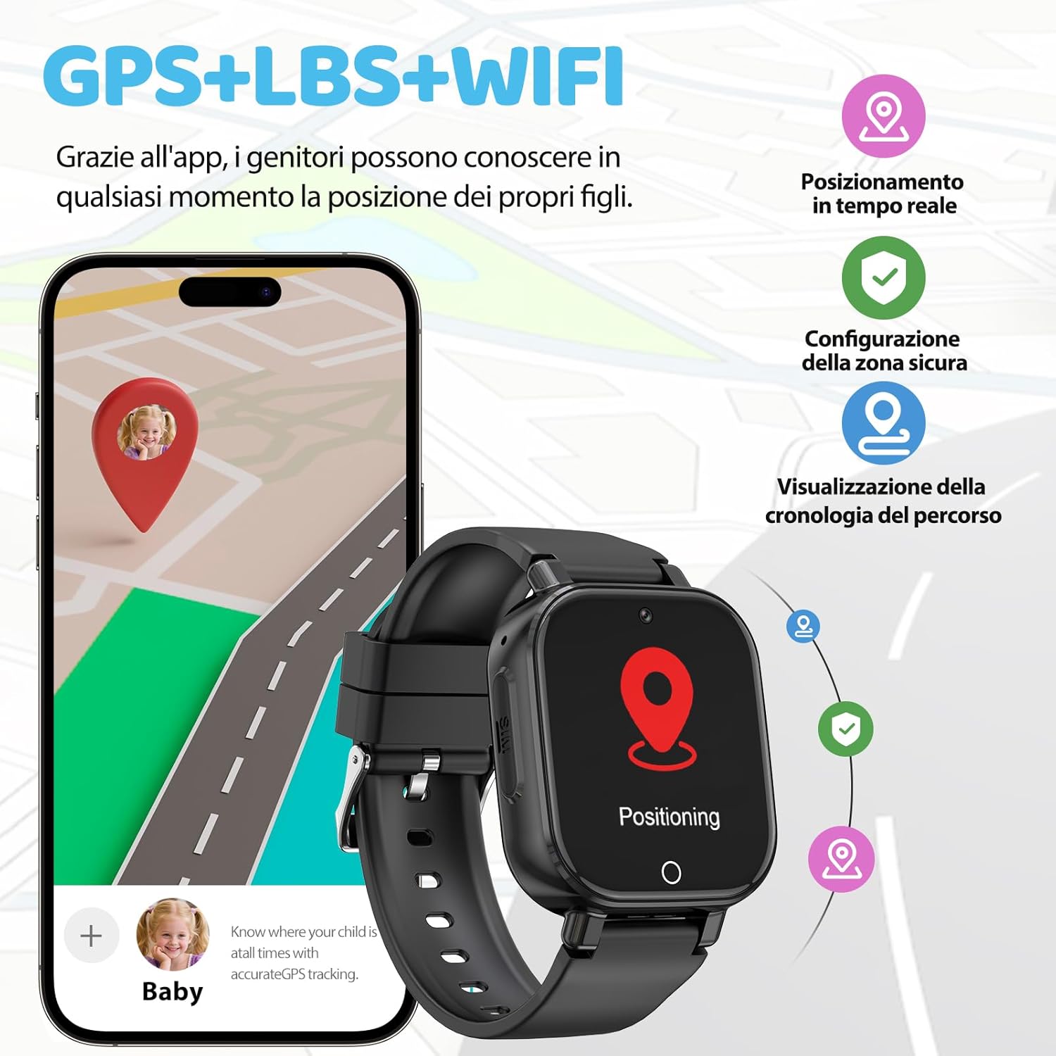 Smartwatch Bambini 4G GPS - Telefono Videochiamata, Nero - immagine 2