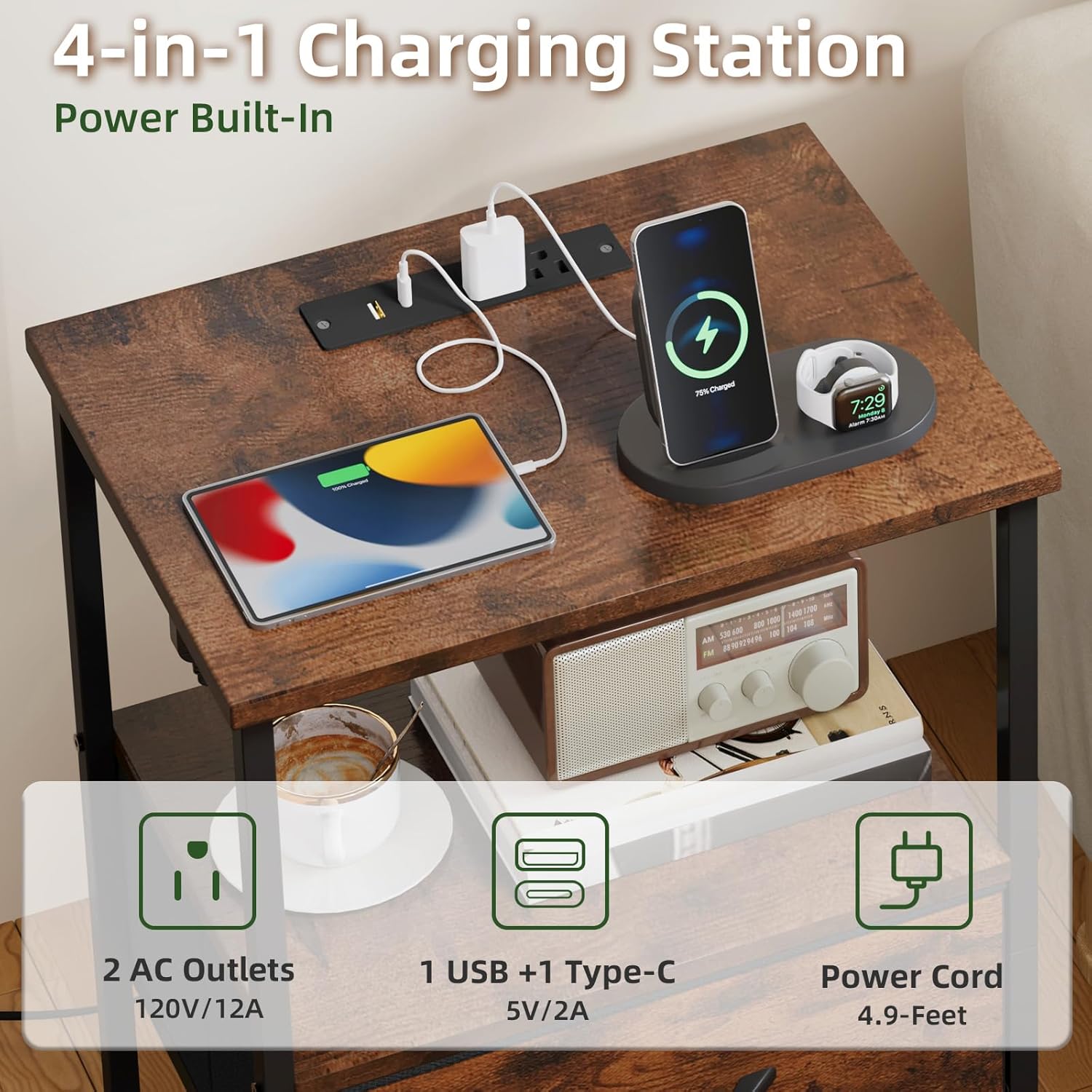 Somdot Comò 4 Cassetti con Stazione Ricarica e LED - immagine 5