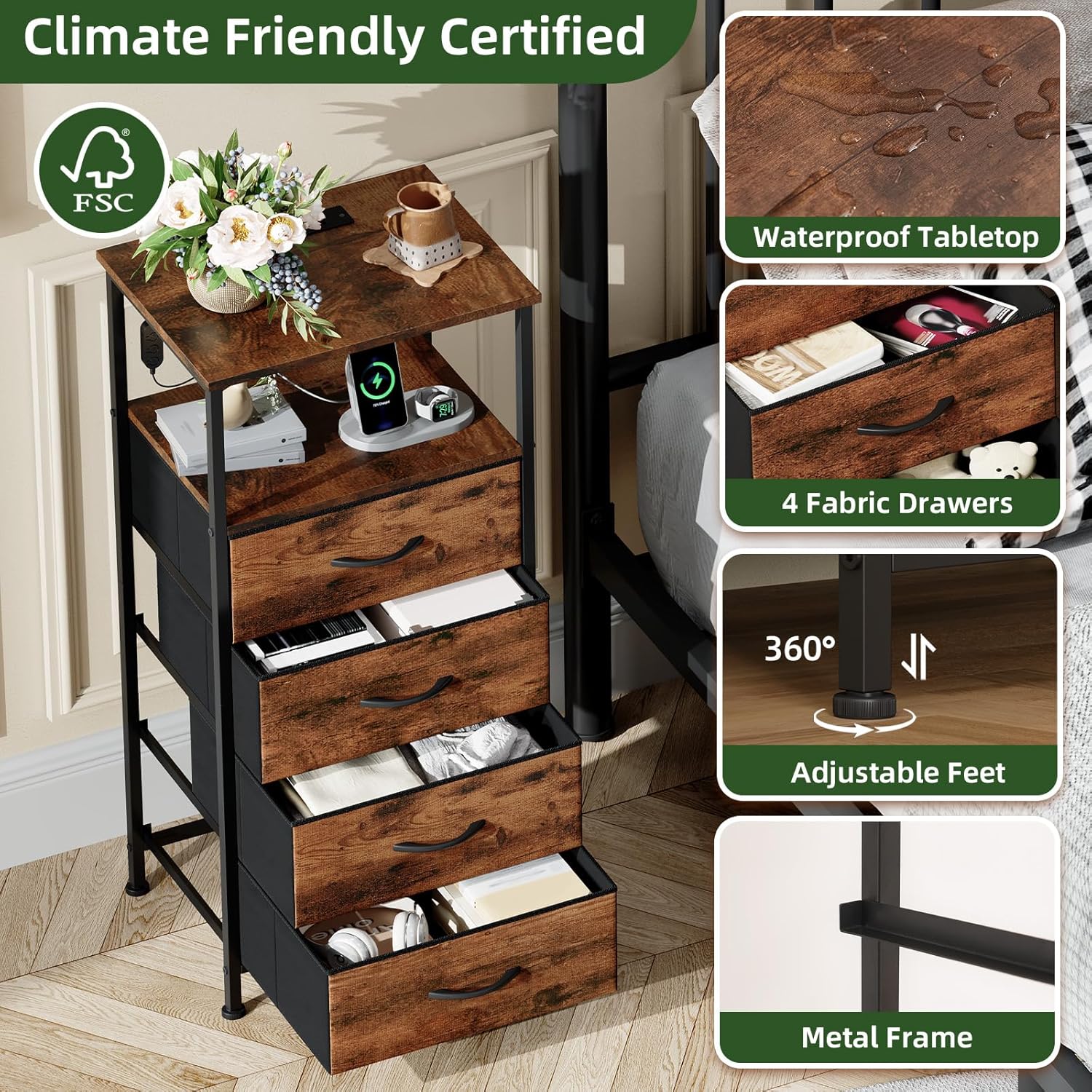 Somdot Comò 4 Cassetti con Stazione Ricarica e LED - immagine 6