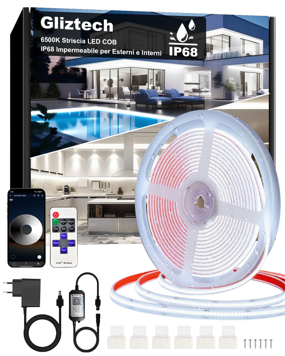 Striscia LED COB IP68 Impermeabile 24V 15M, 6500K