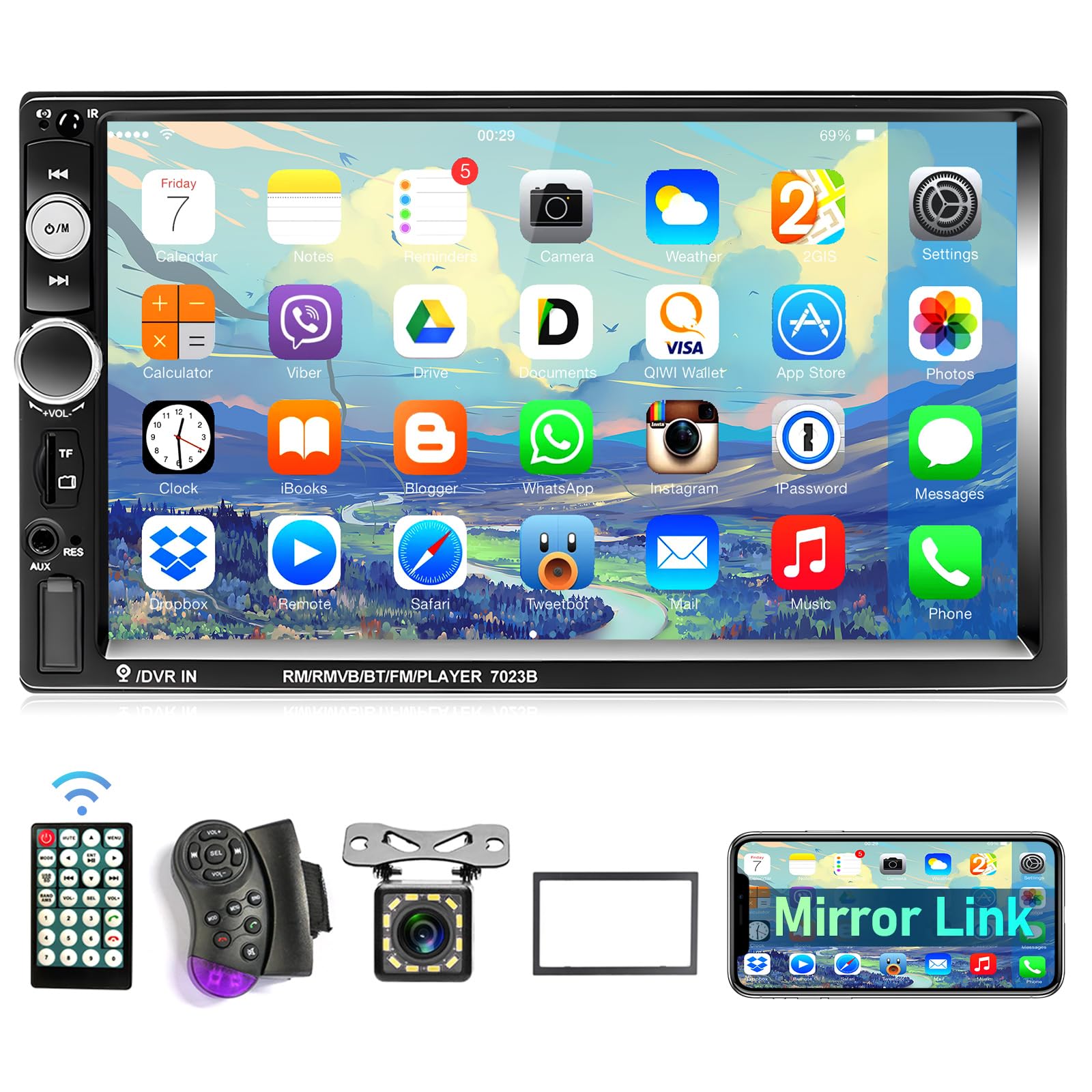 Podofo Autoradio 2 Din con Vivavoce Bluetooth 7 Pollici Stereo Auto Radio Doppio Din con Schermo con Collegamento a Specchio/FM/AUX/con Controllo al Volante + 12 Luci Telecamera di Backup