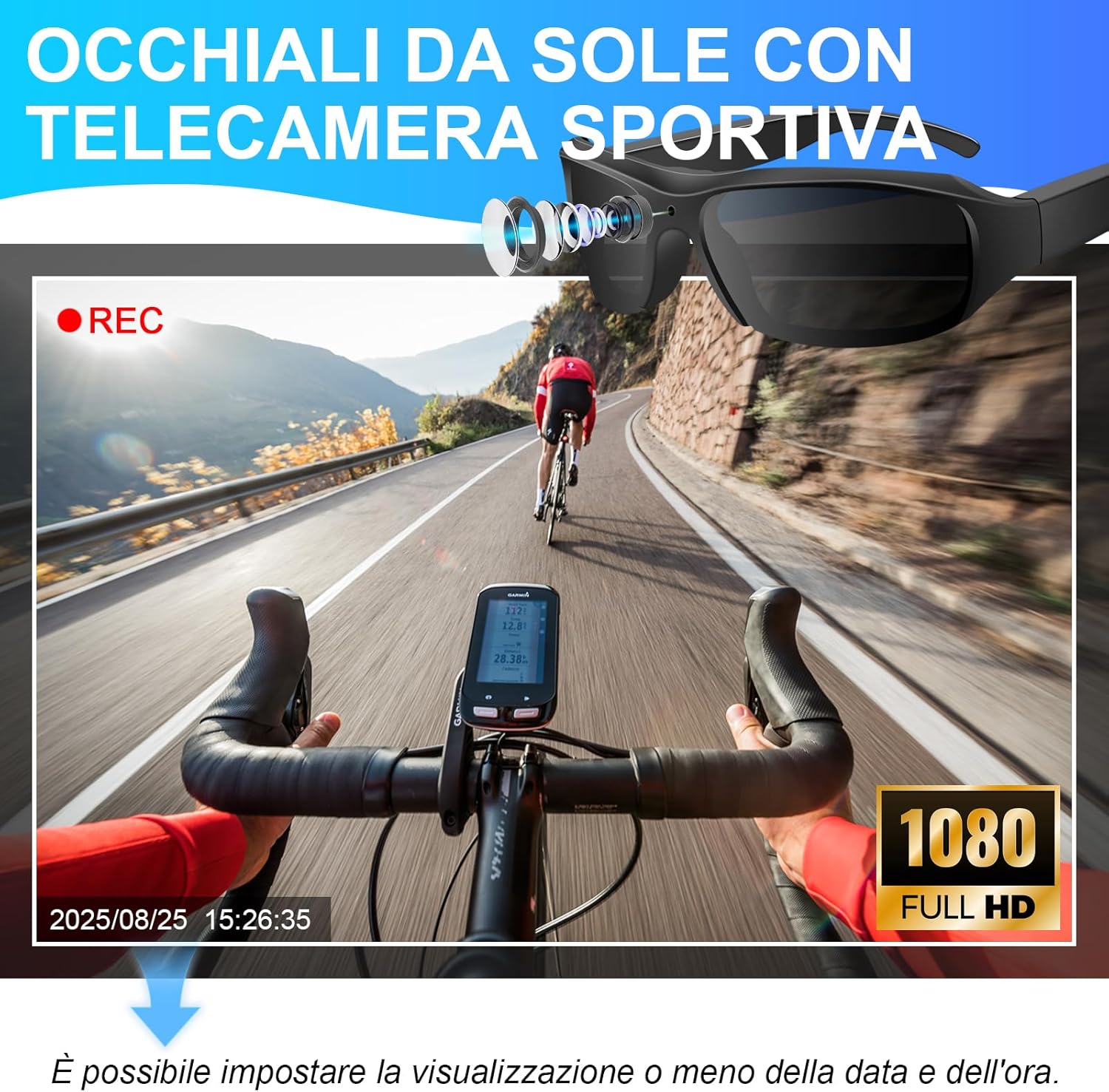 Occhiali da Sole Sport Mini Telecamera HD 1080p, Neri - immagine 2