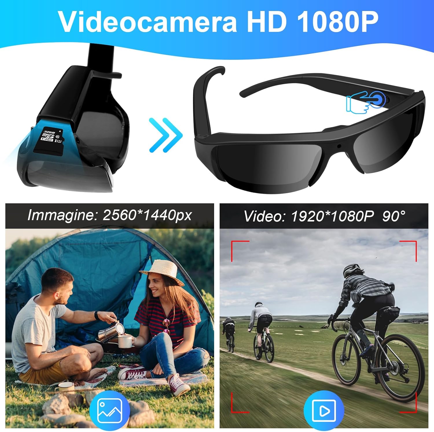 Occhiali da Sole Sport Mini Telecamera HD 1080p, Neri - immagine 3