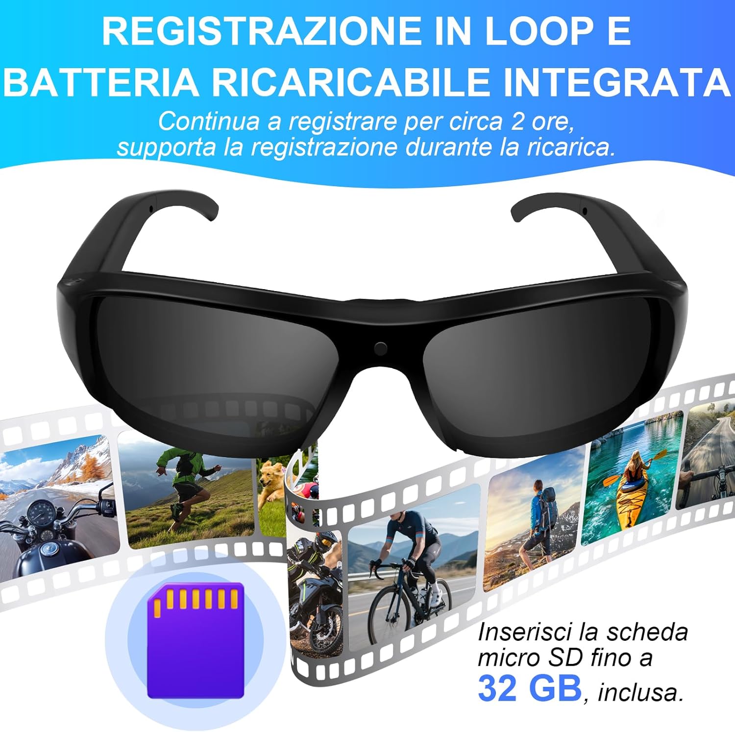 Occhiali da Sole Sport Mini Telecamera HD 1080p, Neri - immagine 4