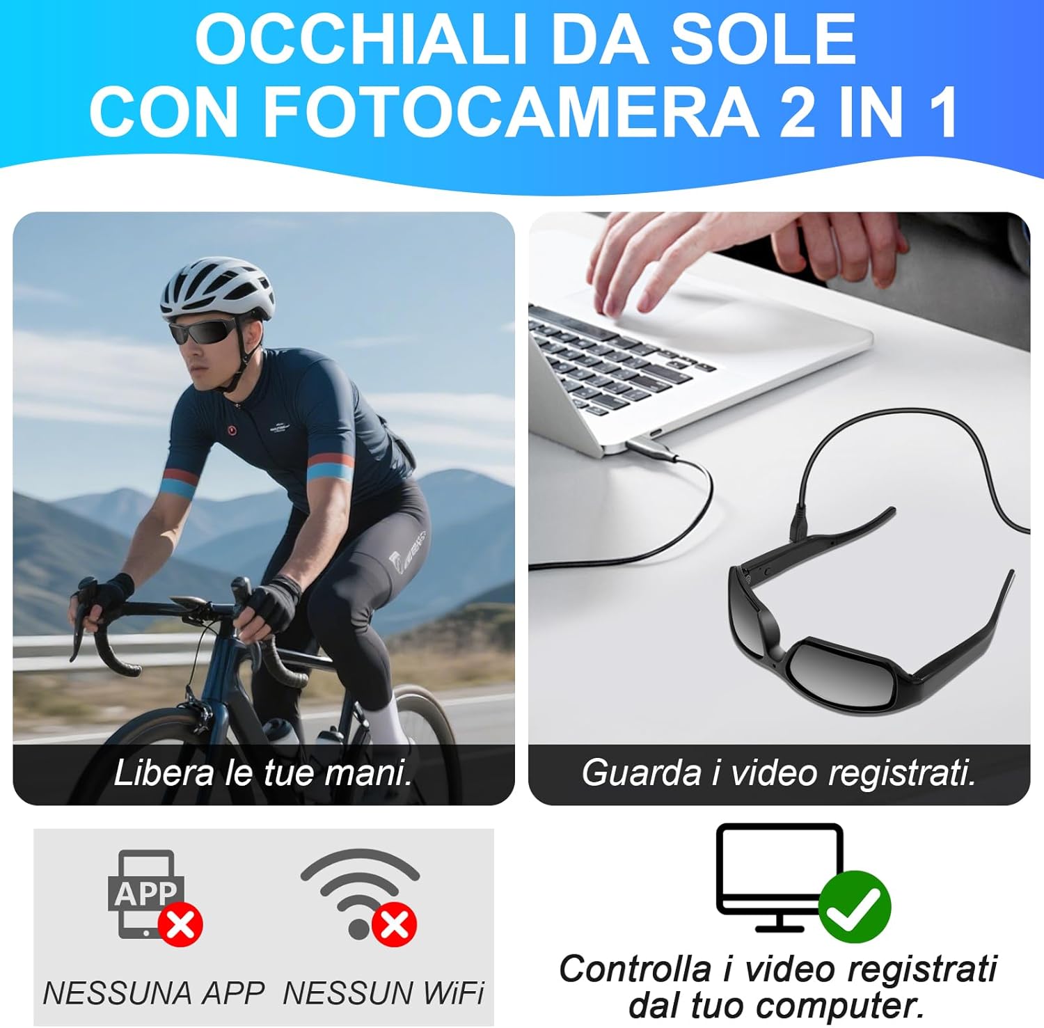 Occhiali da Sole Sport Mini Telecamera HD 1080p, Neri - immagine 5