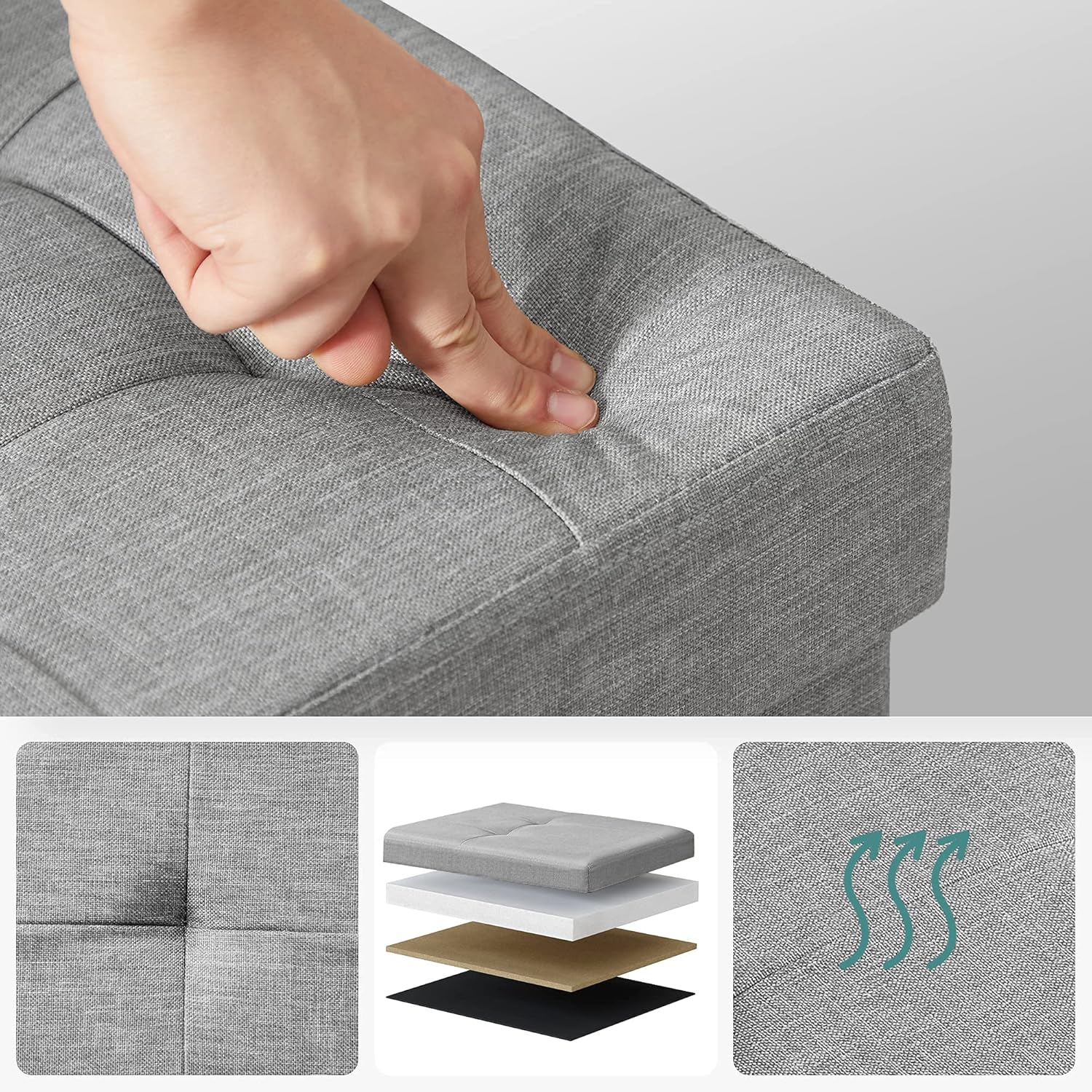 SONGMICS MAZIE Cassapanca Pouf Contenitore 76cm, Grigio Chiaro - immagine 5