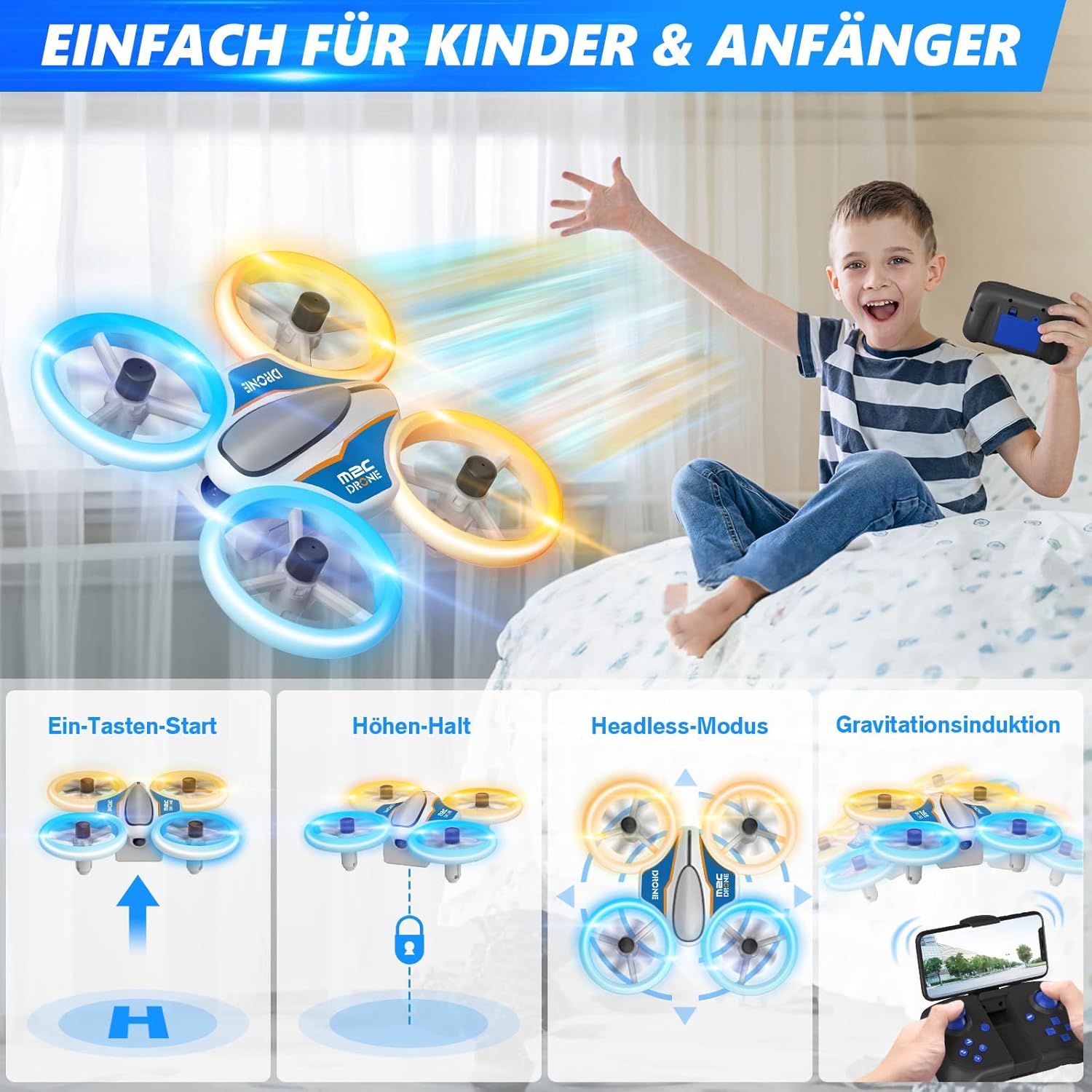 Mini Drone con Telecamera 1080P HD e Luci LED, Arancia - immagine 3