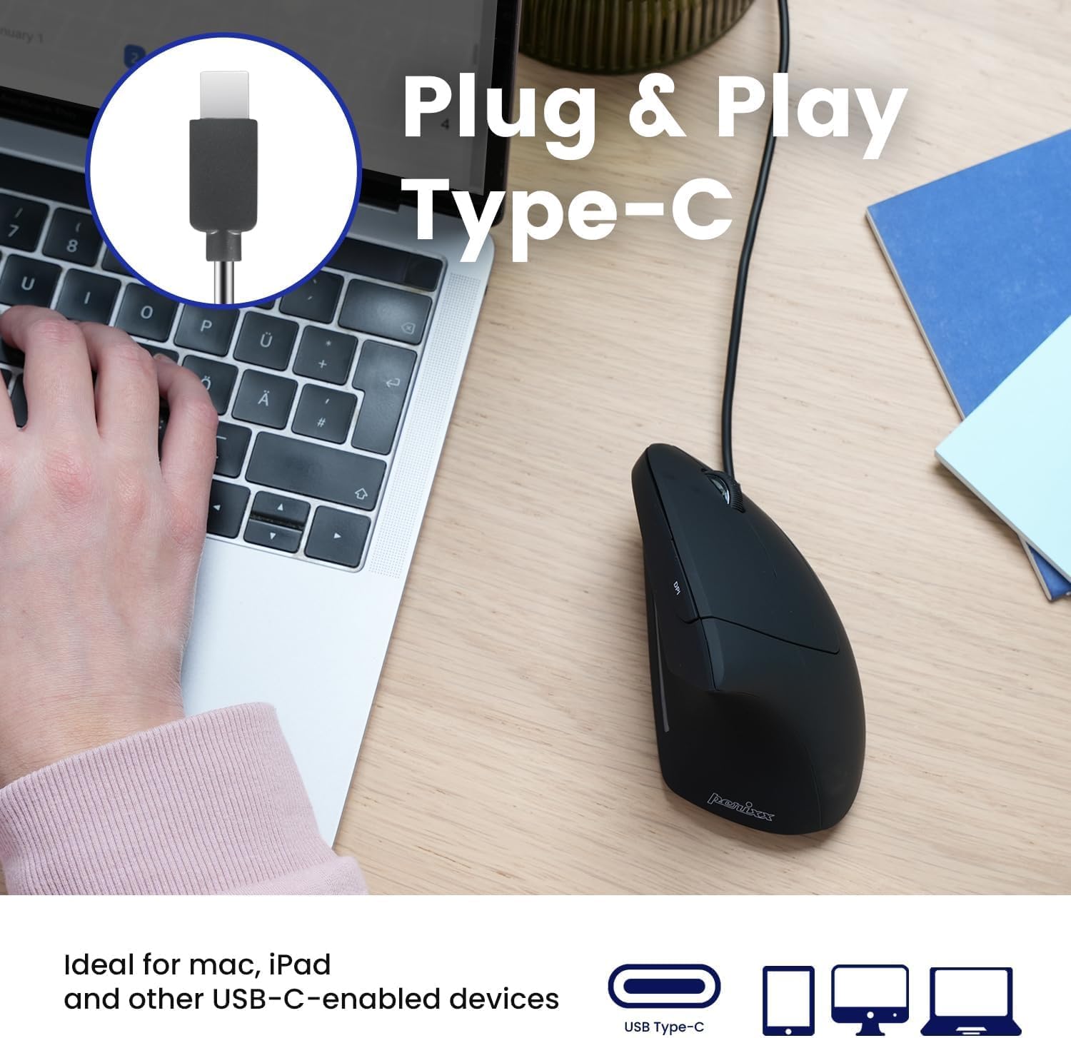 Perixx PERIMICE-513C Mouse Verticale Cablato USB-C, Nero - immagine 2