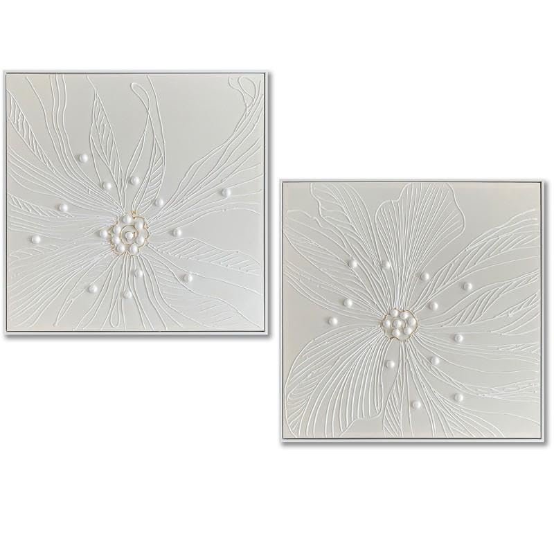 DRW Quadro tela astratta con cornice in legno naturale e bianco 80 x 80 x 4 cm