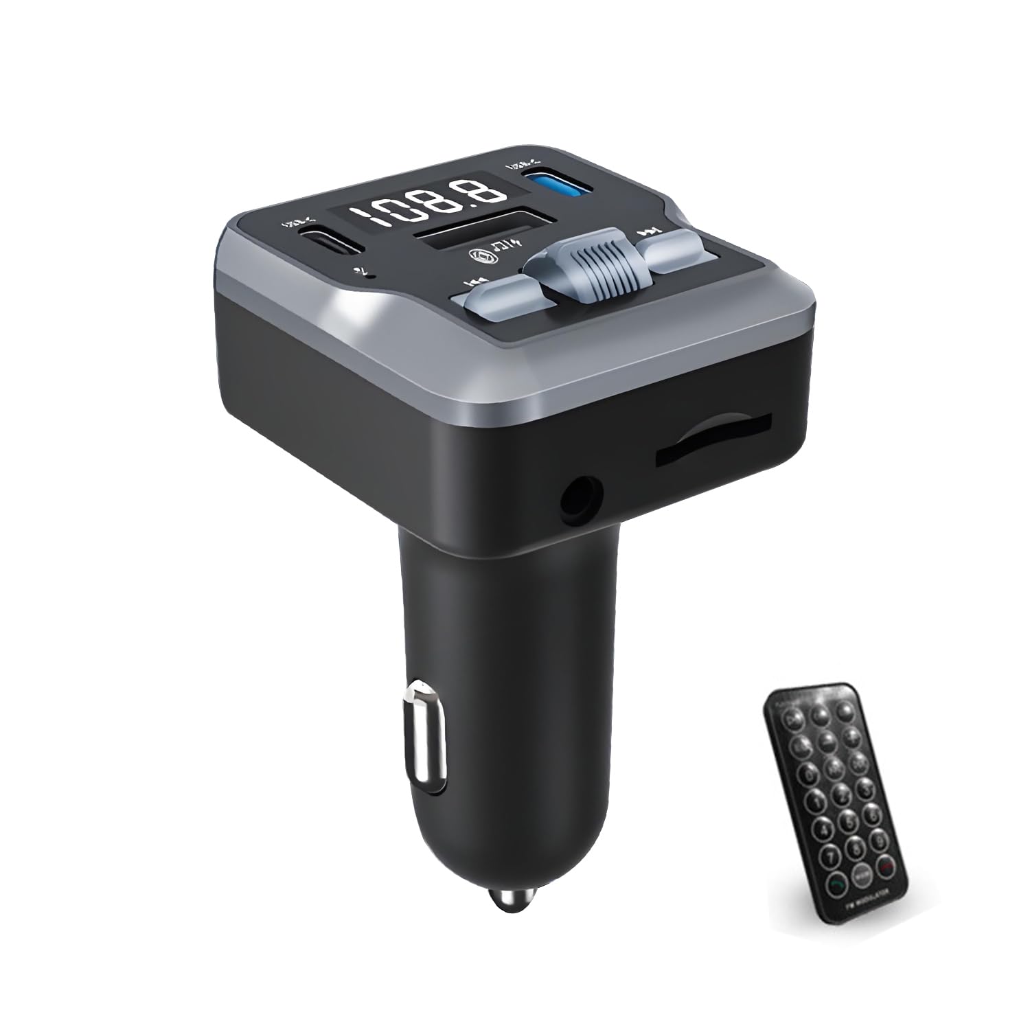 QUMOX Trasmettitore FM Bluetooth 5.3 per Auto C66 con Telecomando, Riproduzione AUX/USB/Scheda TF, Doppia Porta USB-C 3.1A Ricarica Rapida, Chiamate Vivavoce