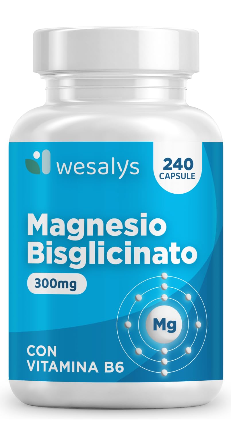 Magnesio Bisglicinato 240 Capsule (fino a 4 mesi) I Forma Chelata I Magnesio glicinato. Con Vitamina B6, Organico, Magnesium glycinate, Integratore Muscoli, Sistema Nervoso, Stress, Ossa. Wesalys