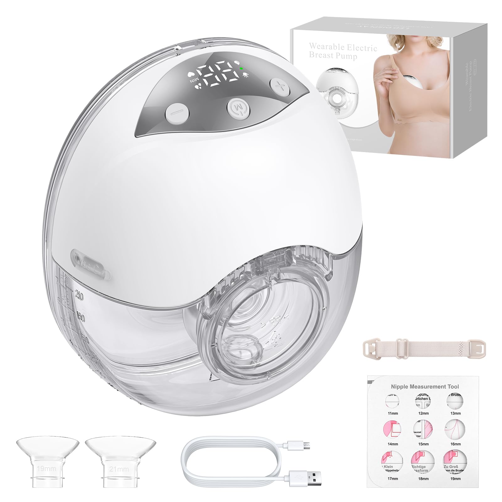 Tiralatte Indossabile Senza Mani, Bianco, 210ml Ultra Silenzioso e Discreto per Ufficio e Viaggi - 4 Modalità, 48 Livelli, 3 Taglie - Batteria da 150 Minuti e Display LED