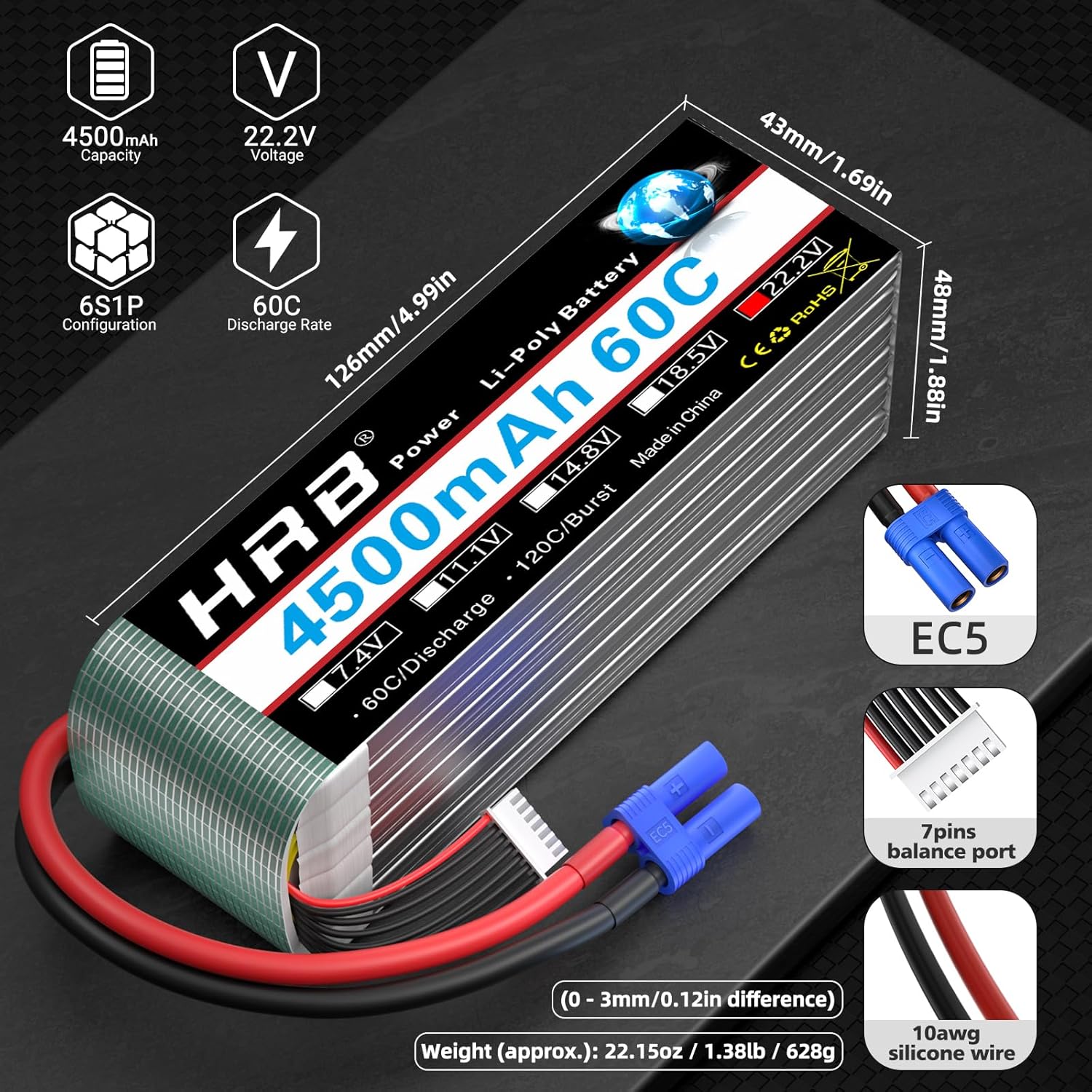 HRB 6S - Batteria Lipo 22.2V 4500mAh 60C EC5 (2 pz) - immagine 2