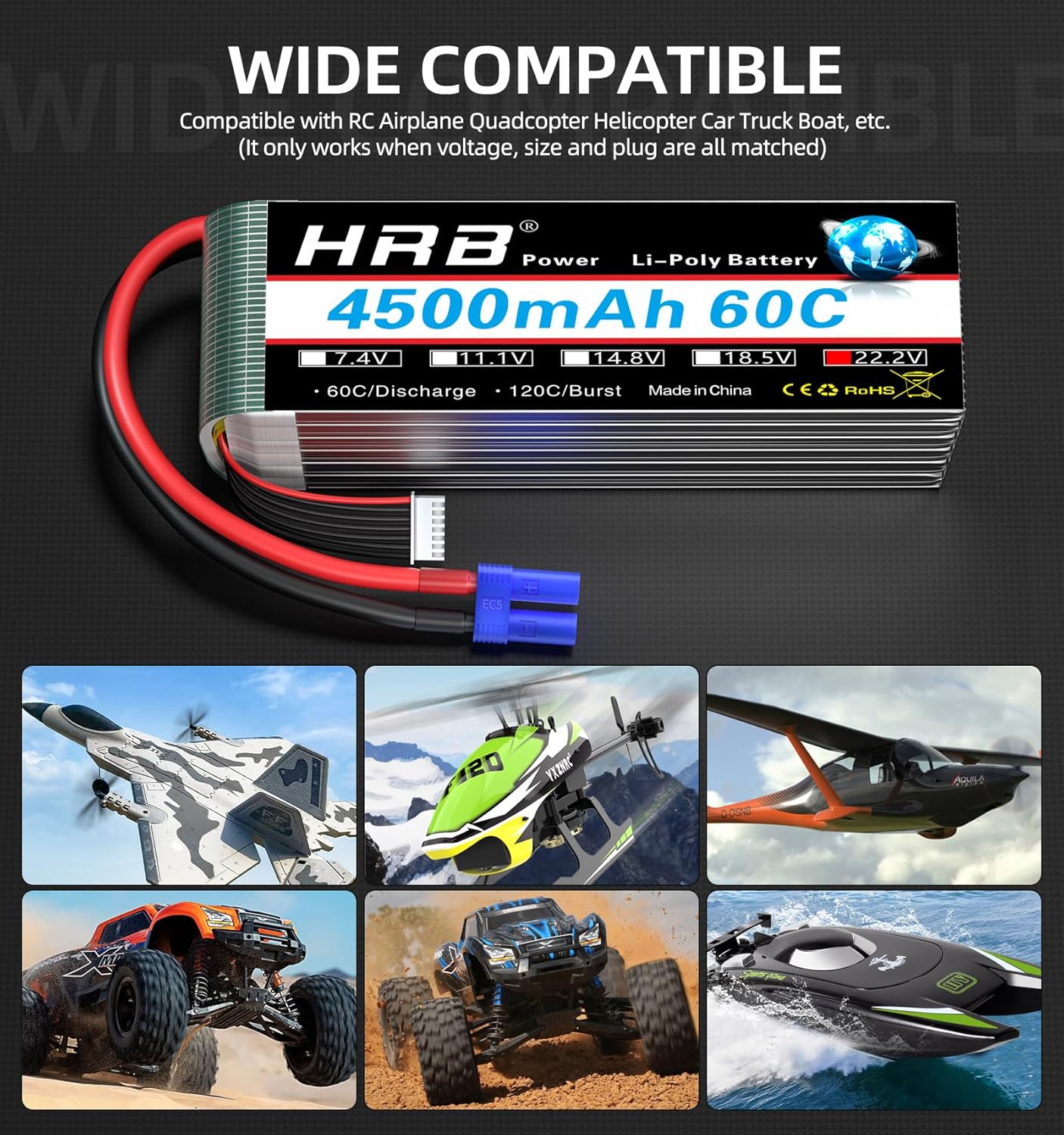HRB 6S - Batteria Lipo 22.2V 4500mAh 60C EC5 (2 pz) - immagine 5