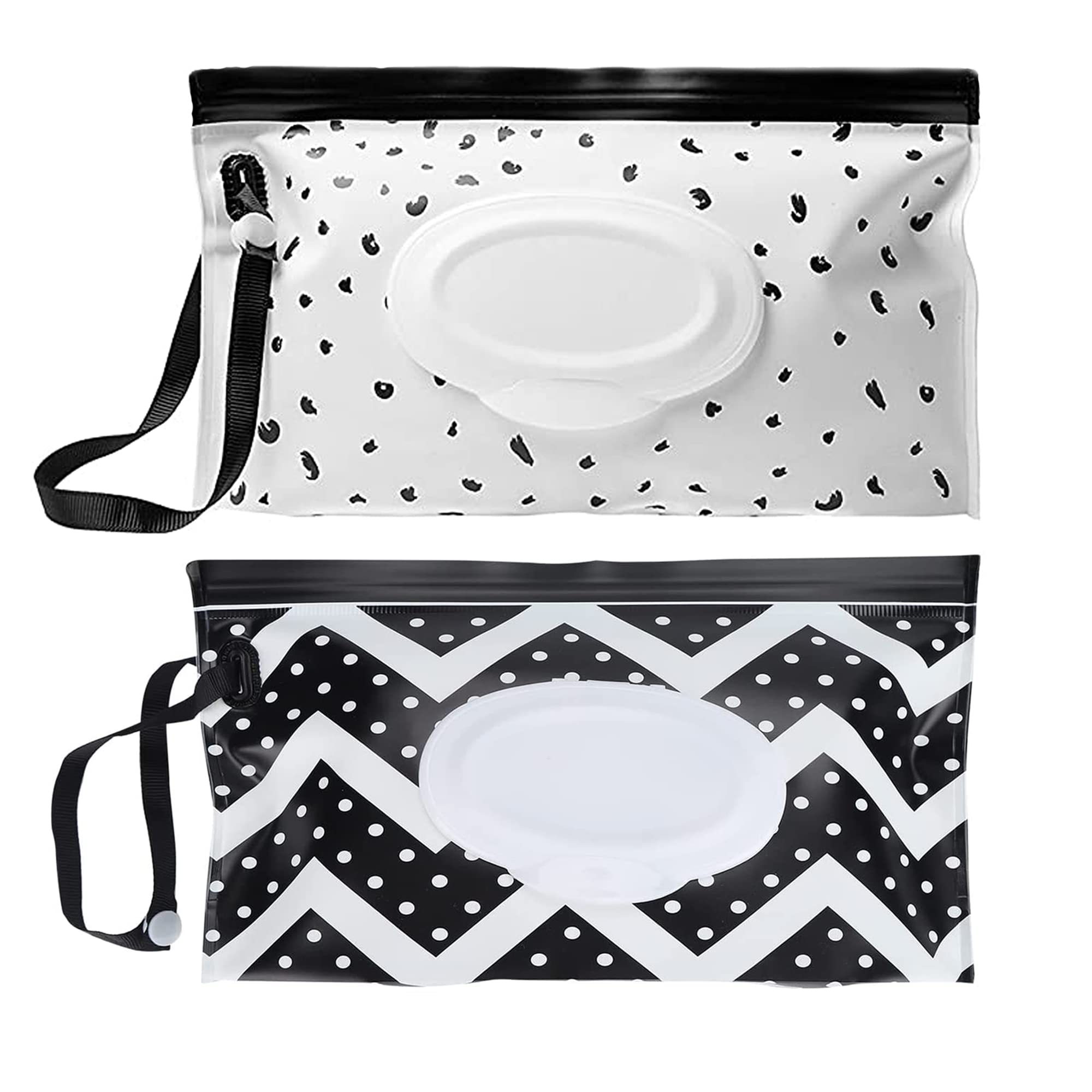 2 pezzi Borsa per salviette umidificate per bambini Scatola per salviette umidificate in viaggio, borsa riutilizzabile Contenitore per salviette umidificate per viaggi, casa, (Bianco e nero)